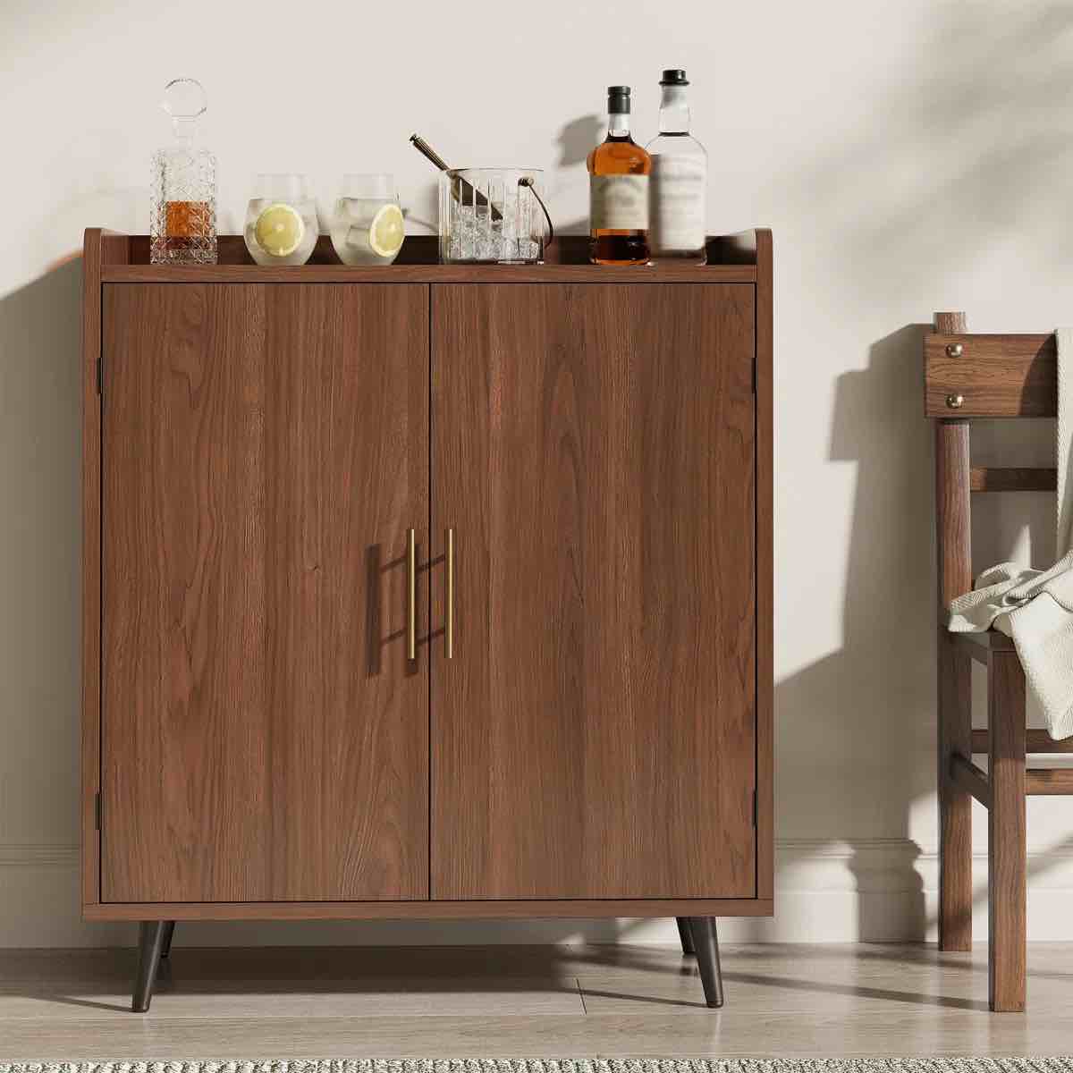 31.5'' W×19'' D Mid-Century Style Home Bar Cabinet With Doors, Indoor Mini Bar With Storage For Living Room & Office, Wooden Bar Stand With Wine Rack, Buffet Cabinet For Kitchen & Dining Room By George Oliver