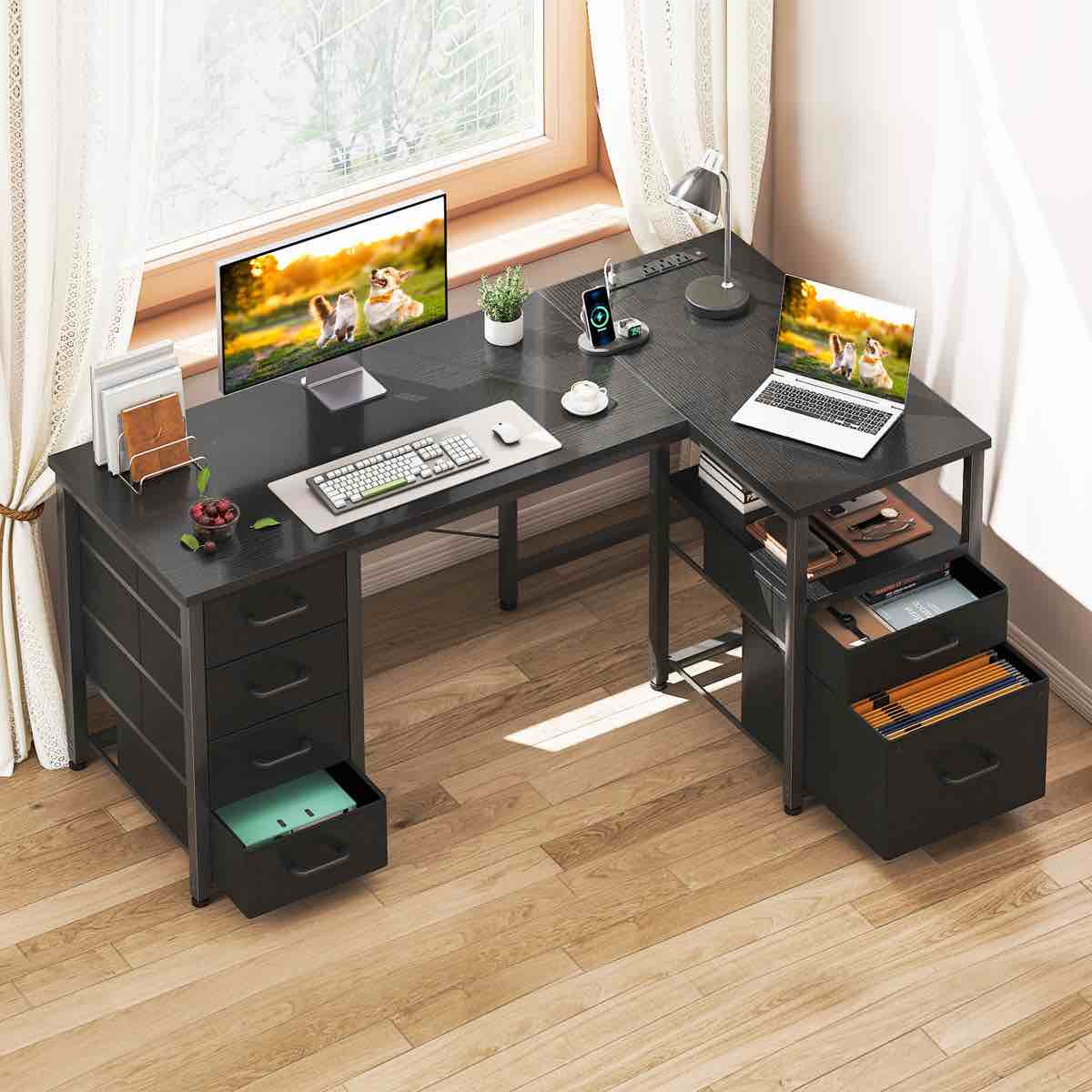 L-shaped Desk With 5-tier Under-desk Drawers,reversible Desk With Large Cabinet, Writing Desk With Power Outlets, Home Office Desk With Cpu Stand