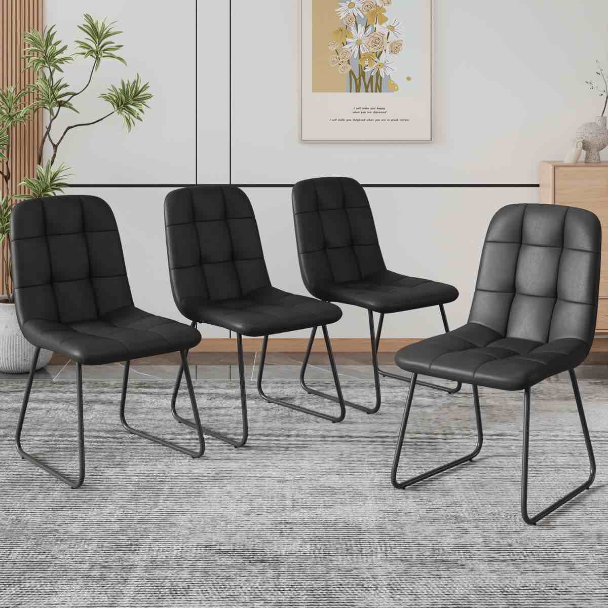 Faux Leather Tufted Dining Chairs, Modern Kitchen Chair Upholstered Side Chair with Steel Legs, Parsons Chair