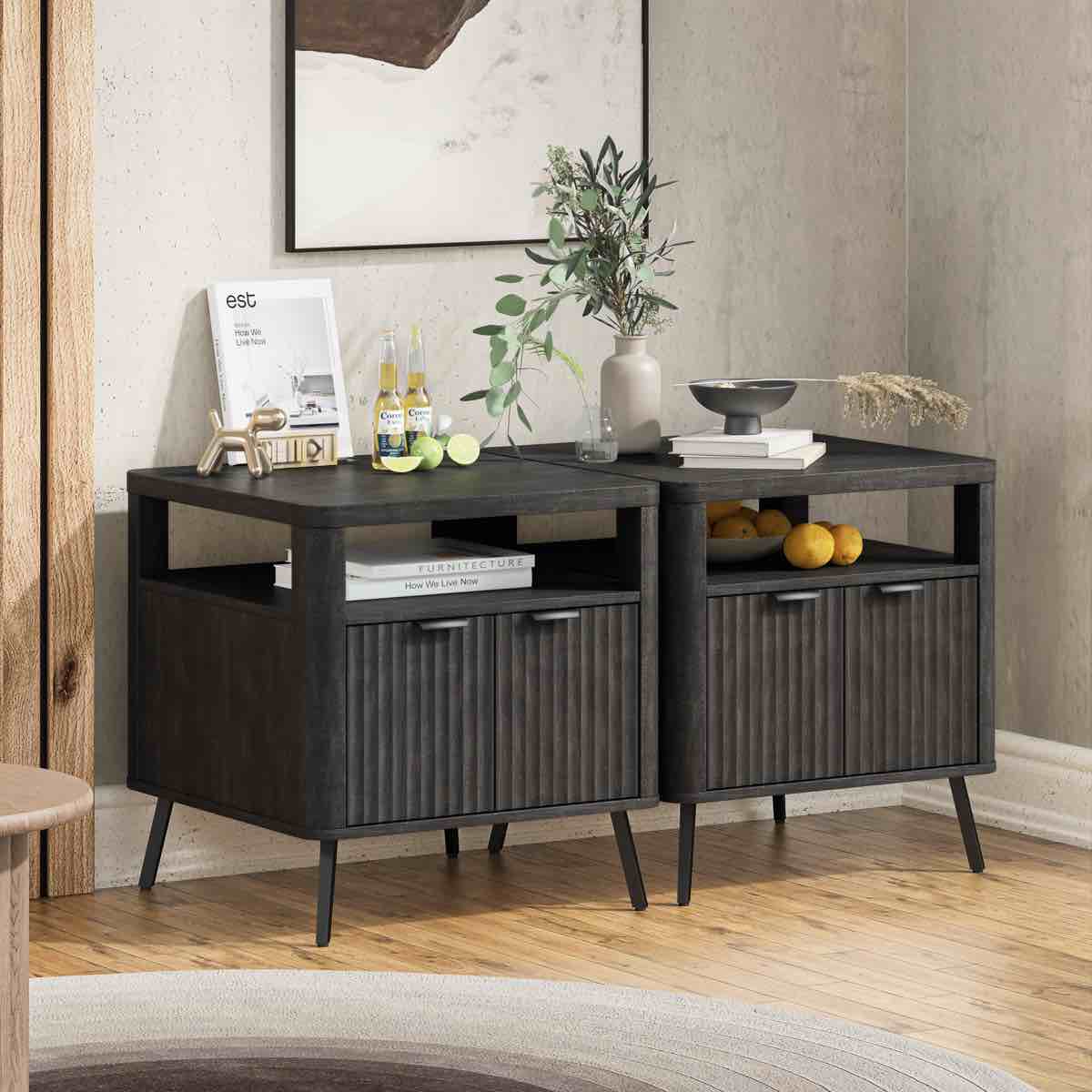 modern nightstands with charging station, fluted door storage & rounded corners – 23" side tables with open shelves and metal legs