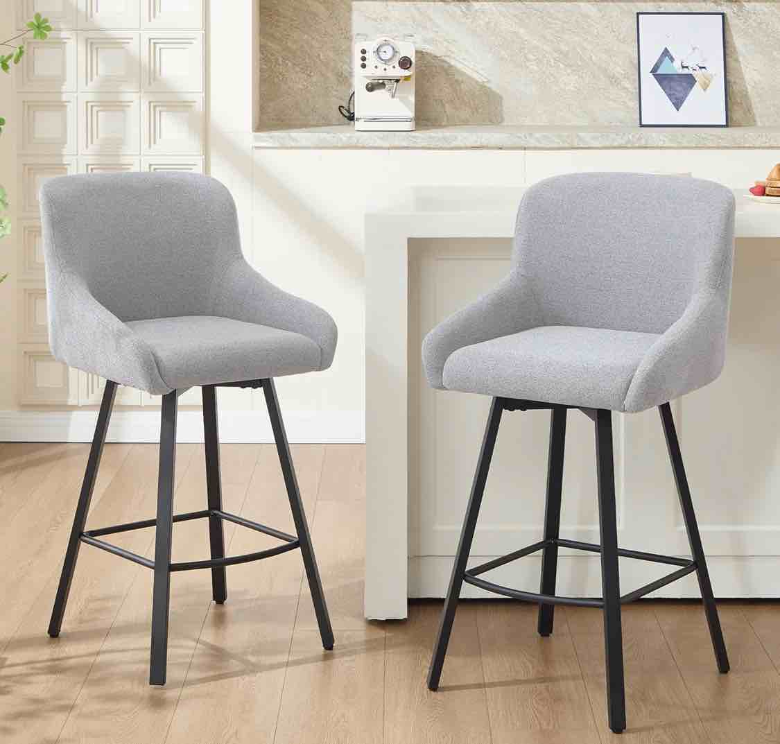 Swivel Bar Stools Set of 2, 26" Upholstered Counter Height Barstools with Back and Metal Legs, Modern Bar Chairs Island Stools for Kitchen Counter (Light Grey, Linen Fabric)