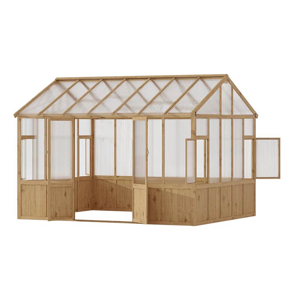 10×12 Ft Wooden Walk-In Greenhouse, Heavy-Duty Outdoor Garden Green House with 6mm Polycarbonate Panels, BOX A, B, C, AND E*