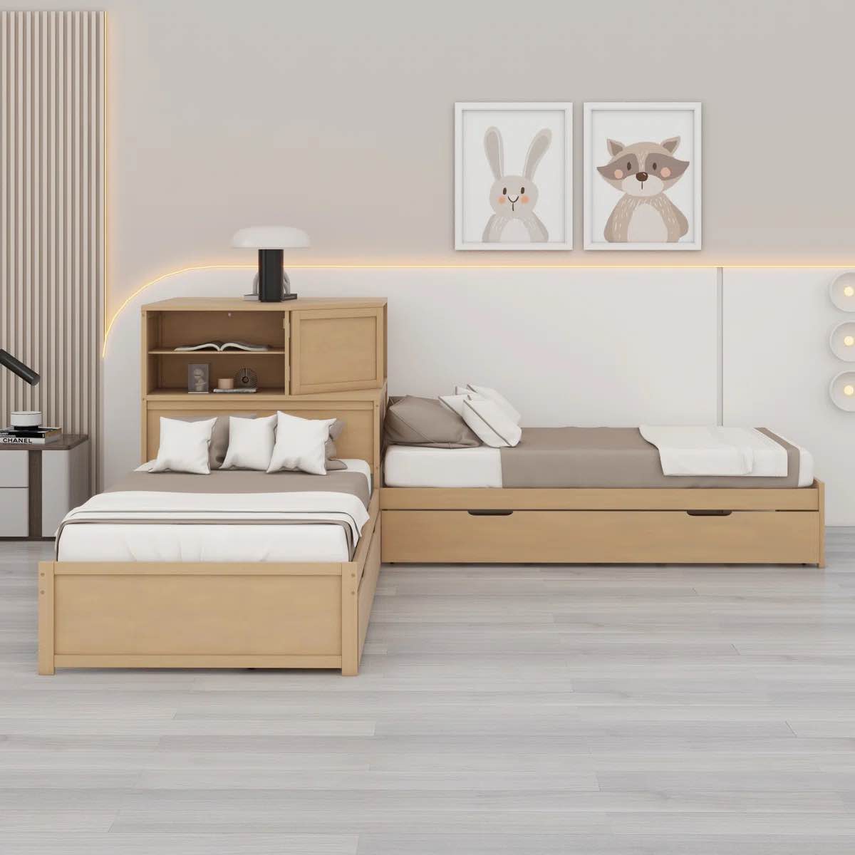 L-Shaped Combination Bed With Trundle And Drawer,3-In-1 Low Corner Platform Bed Linked, BOX 2 ONLY*