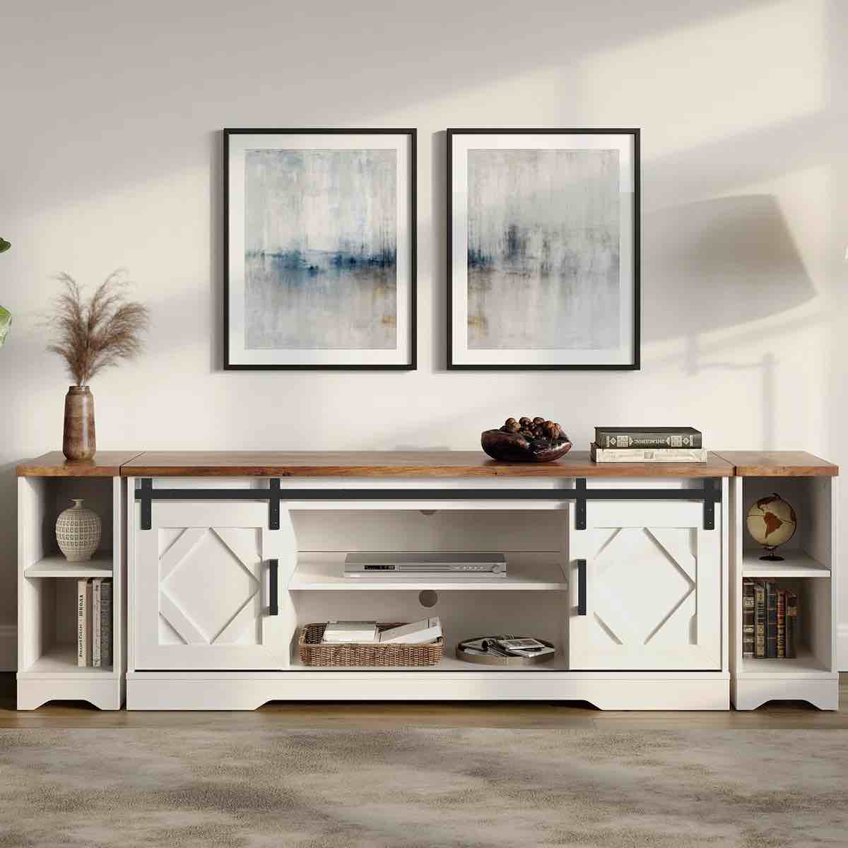 Laziza Rohun 3 in 1 Modern Farmhouse TV Stand for up to 85" TVs,Wood Entertainment Center with Open Storage for Living Room
