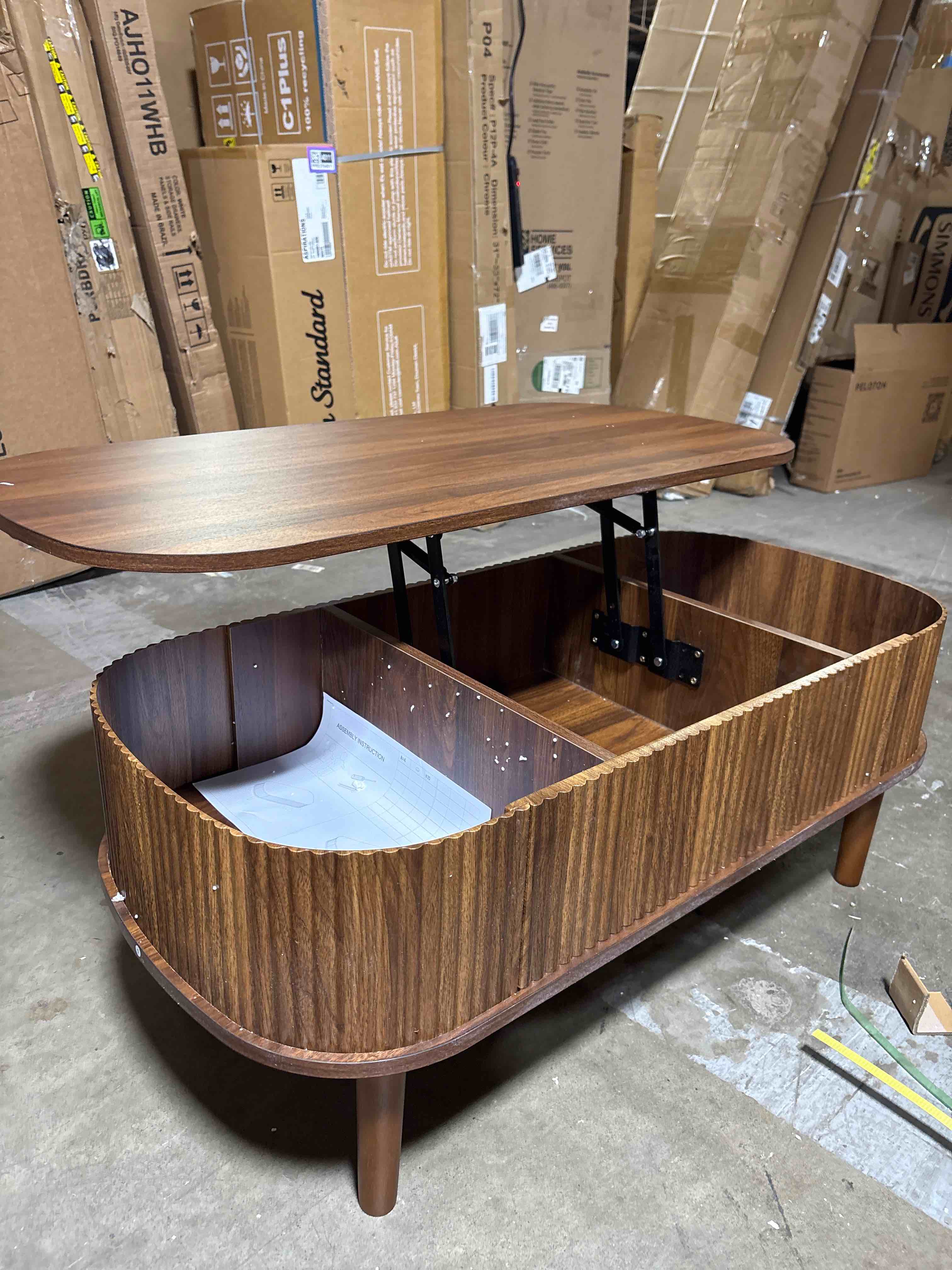 Condition photo showing New/Like New for Fluted Lift Top Coffee Table with Hidden Compartment, Fully Assembled Wooden Center Table, Modern Oval Lift Tabletop for Home Living Room Office, Walnut