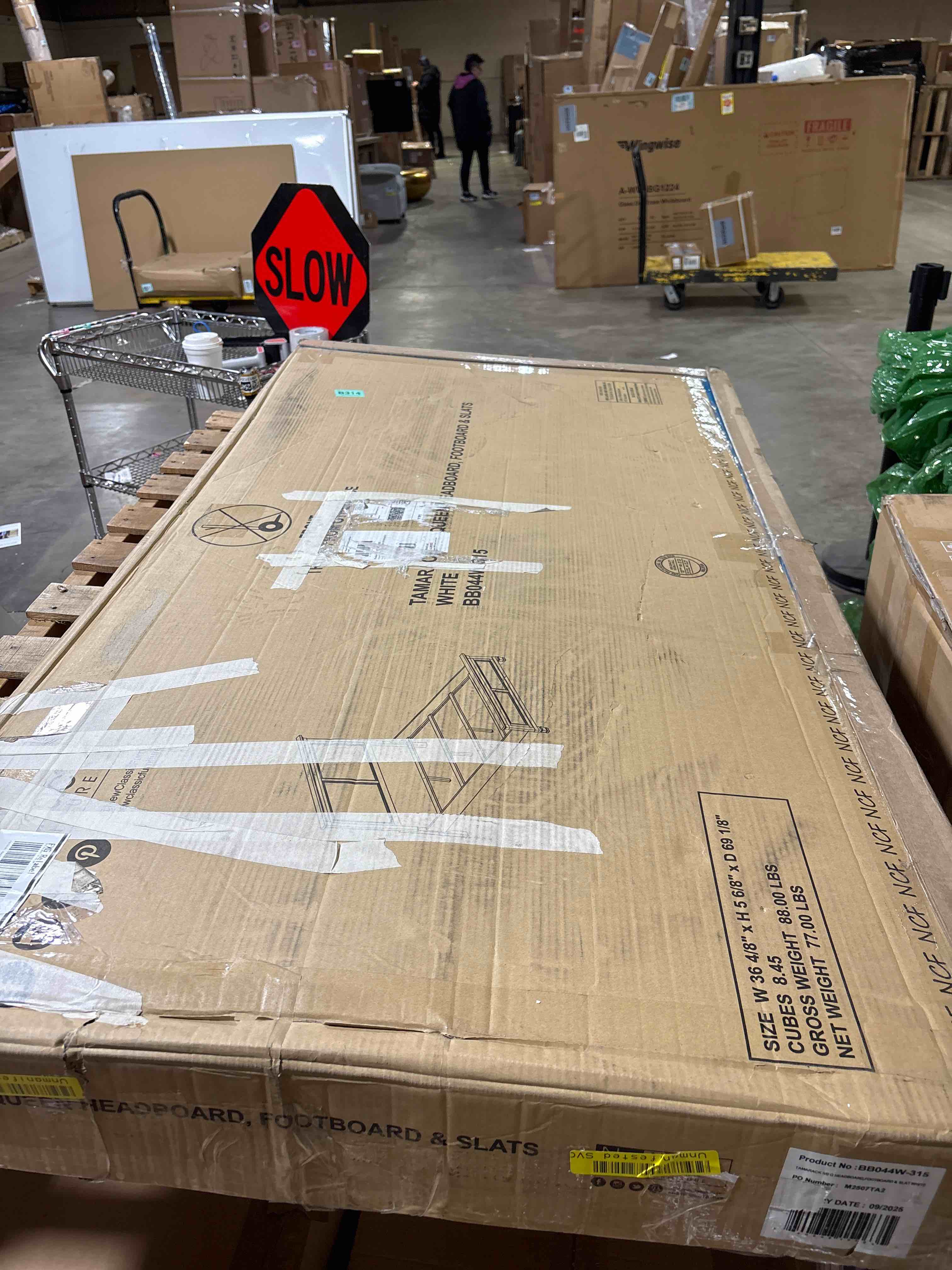 Condition photo showing As Is for Tamarack White Queen Headboard, Footboard and Slats