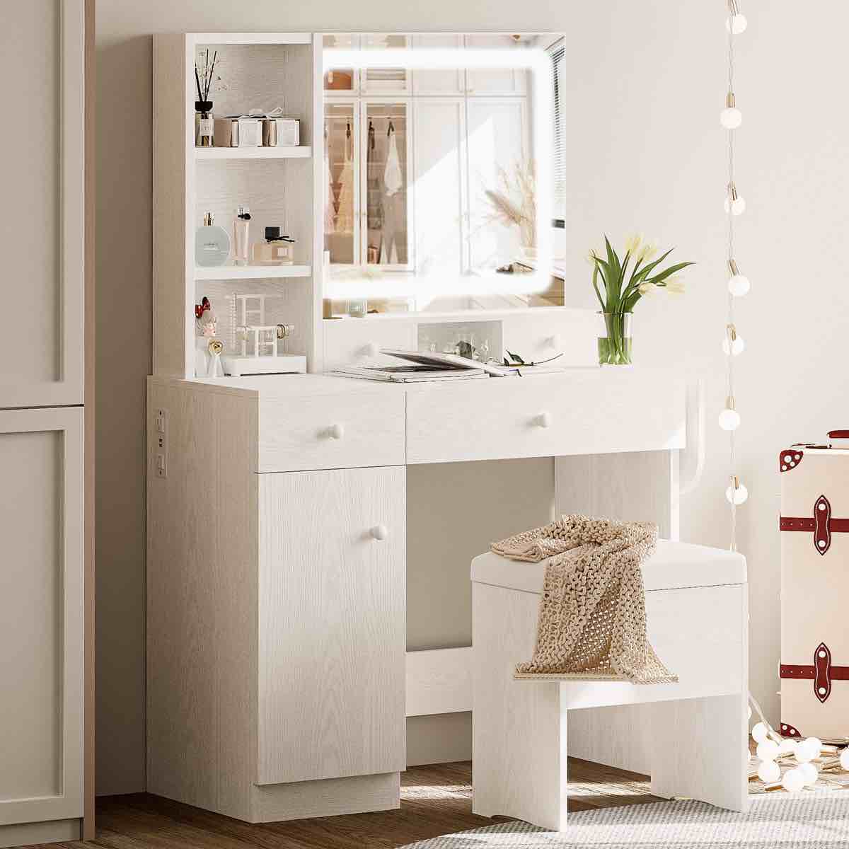 Jakaylen Vanity Makeup Desk with LED Light and Charging Station, Dresser Table with 4 drawers, 4 open shelves for Bedroom, Checkroom By Latitude Run®