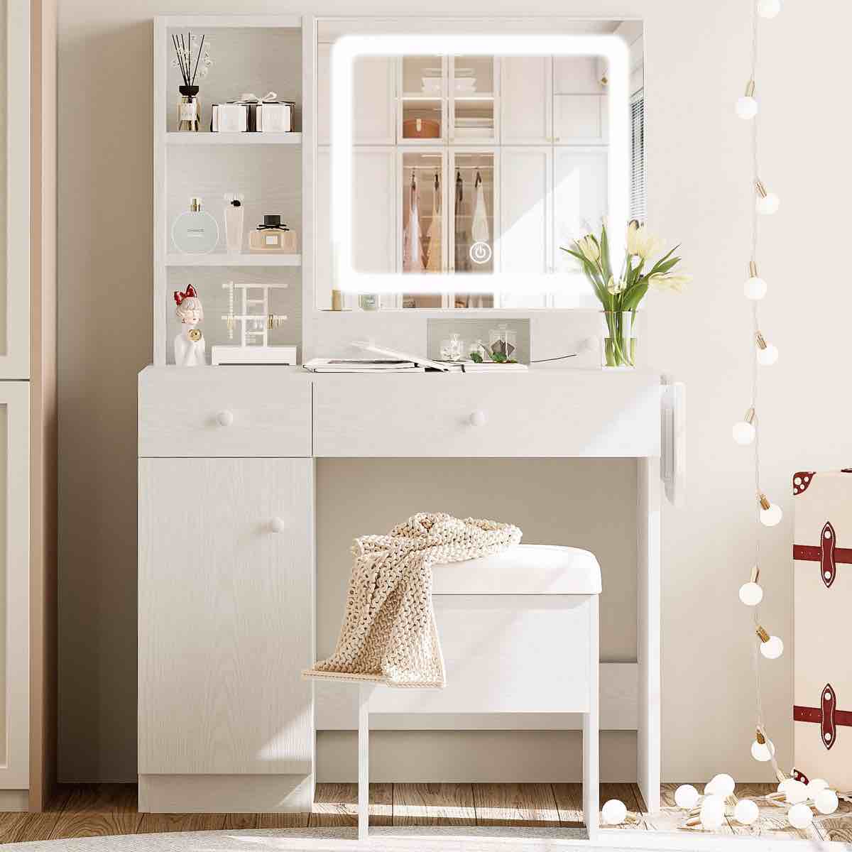 Condition photo showing New/Like New for Jakaylen Vanity Makeup Desk with LED Light and Charging Station, Dresser Table with 4 drawers, 4 open shelves for Bedroom, Checkroom By Latitude Run®