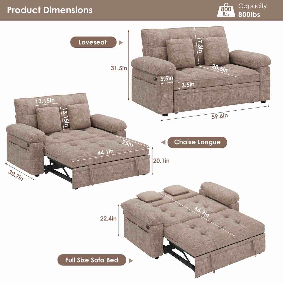 Condition photo showing Good Condition for 59.6" Convertible Sofa Bed with Adjustable Back, Charging Station & Pillows By Wade Logan®