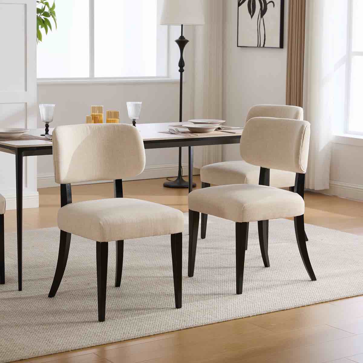 Condition photo showing New/Like New for Modern Farmhouse Wooden Dining Chairs Set Of 2, Cream Fabric Upholstered Kitchen Chairs With Rubber Wood Legs By August Grove®