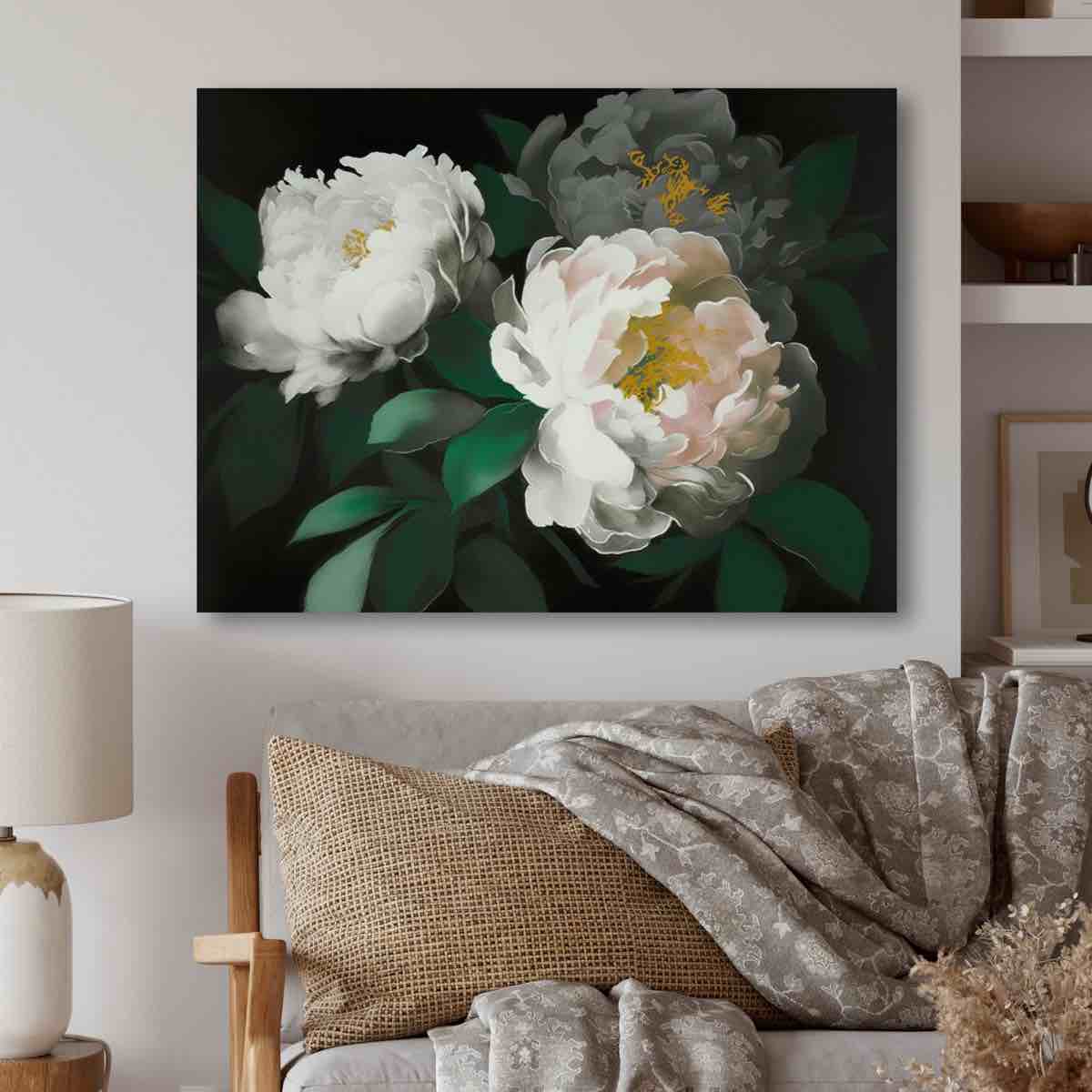 Condition photo showing New/Like New for White Blossoming Peony On Black I " By Winston Porter