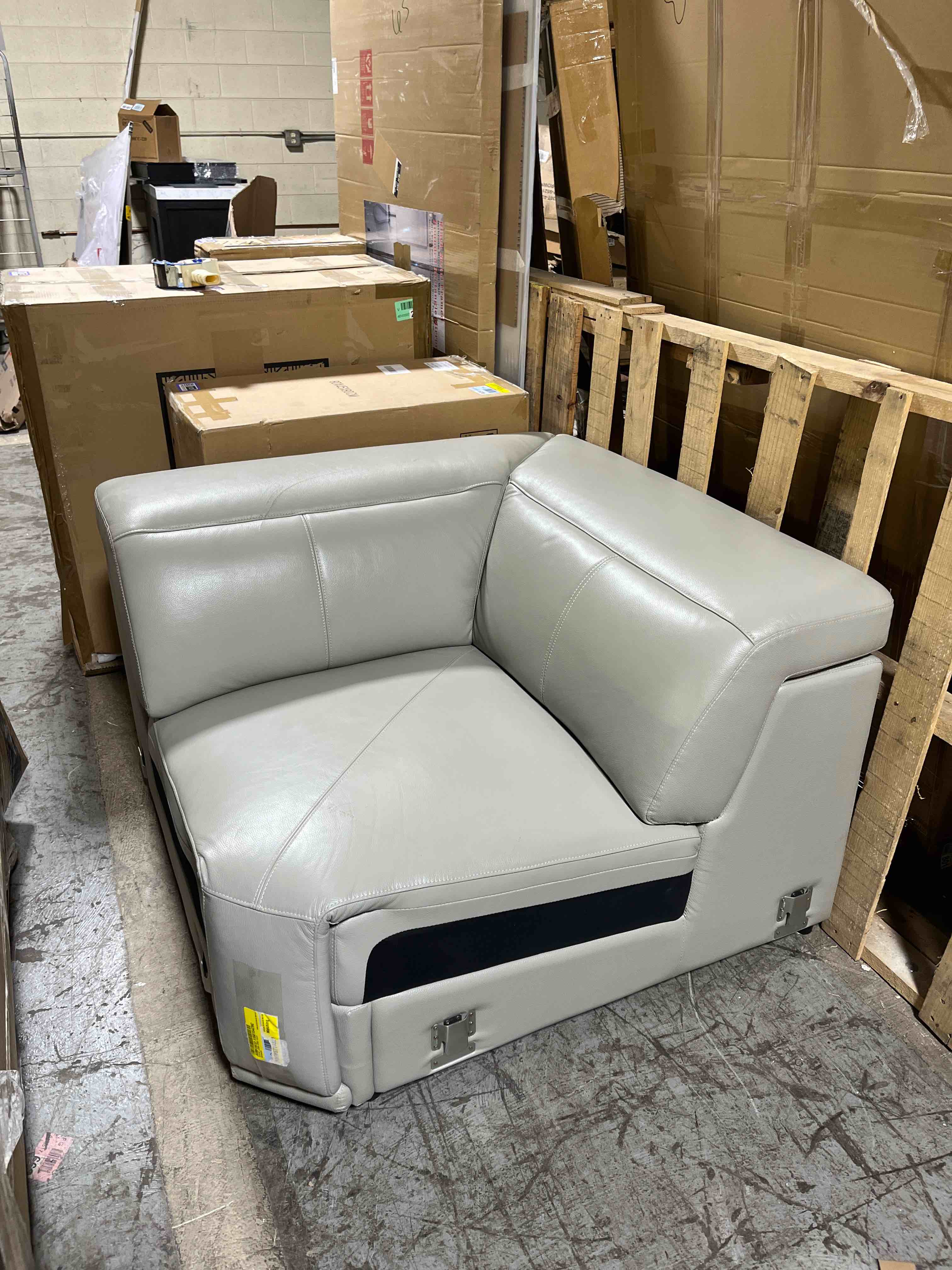 Condition photo showing As Is for BlackJack Furniture Venice 5 Piece Top Grain Italian Leather Sectional Sofa with 3-Power Recliners, Adjustable Headrest, Lumbar Support, USB & Wireless Charger, Large Storage, 1 Console, Light Gray