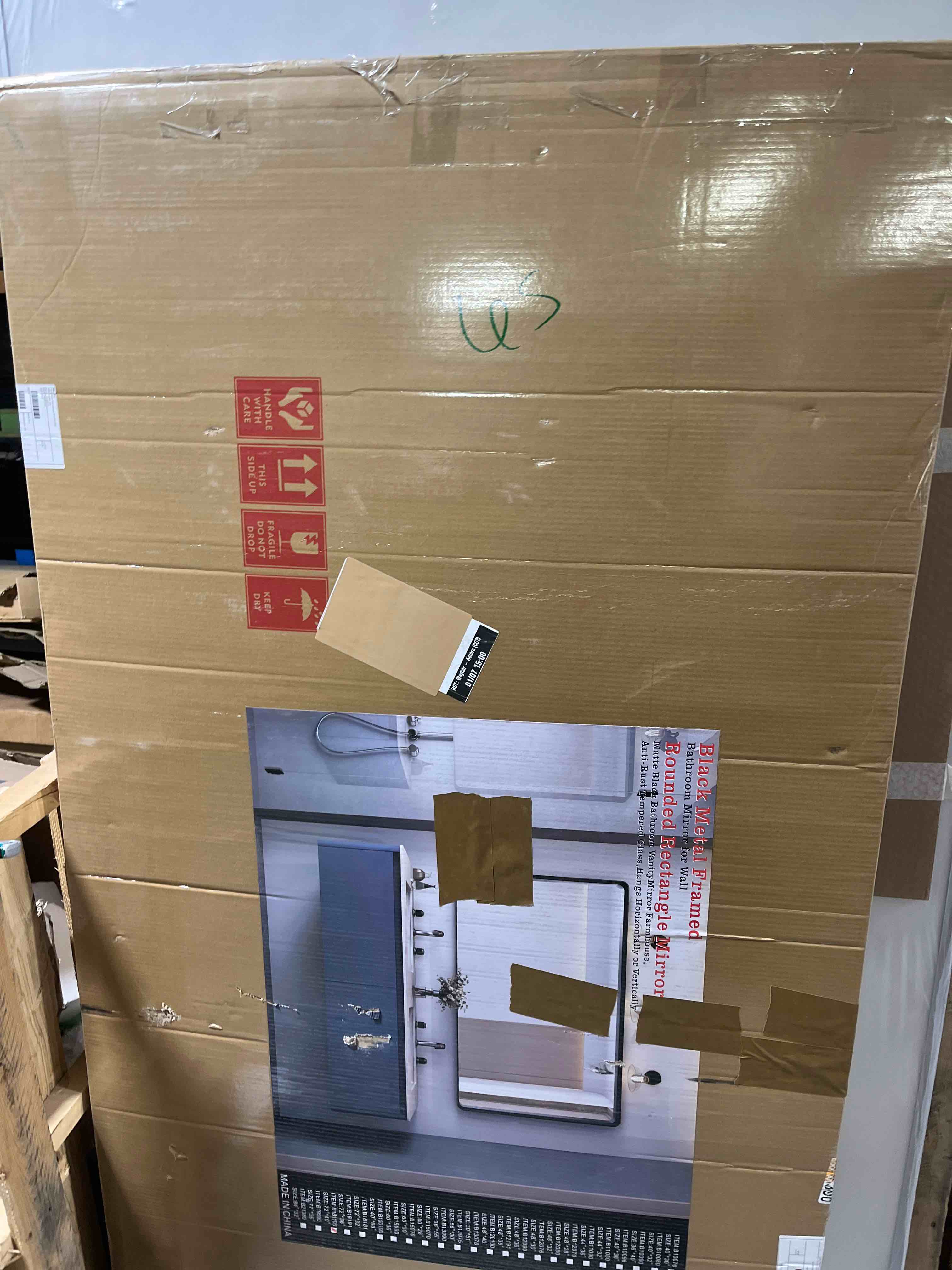 Condition photo showing New/Like New for LOAAO 72X40 Inch Black Metal Framed Bathroom Mirror for Wall, Matte Black Bathroom Vanity Mirror Farmhouse, Large Rounded Rectangle Mirror, Anti-Rust, Tempered Glass, Hangs Horizontally or Vertically Black 72"L x 40"W