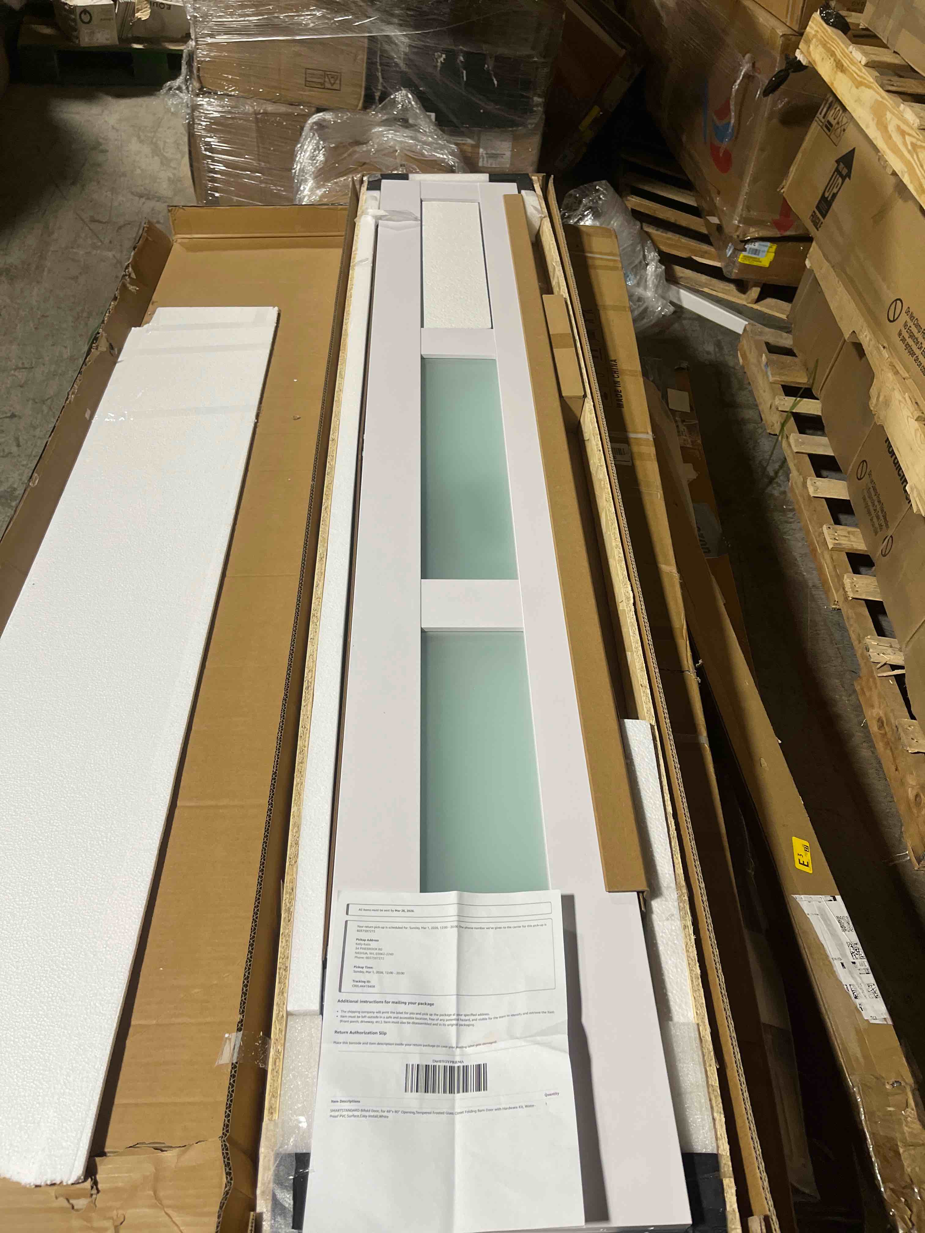 Condition photo showing New/Like New for SMARTSTANDARD Bifold Door, for 48"x 80" Opening,Tempered Frosted Glass Closet Folding Barn Door with Hardware Kit, Water-Proof PVC Surface,Easy Install,White 47-5/8" x 78"(Fit Opening 48" x 80") White