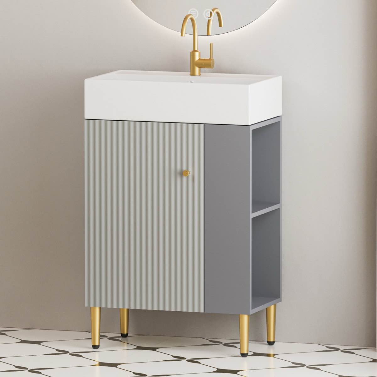 21.6" freestanding single bathroom vanity set with left side open shelf, ceramic sink, soft-closing door, cloakroom storage cabinet, 3 colors option(sink base not included)