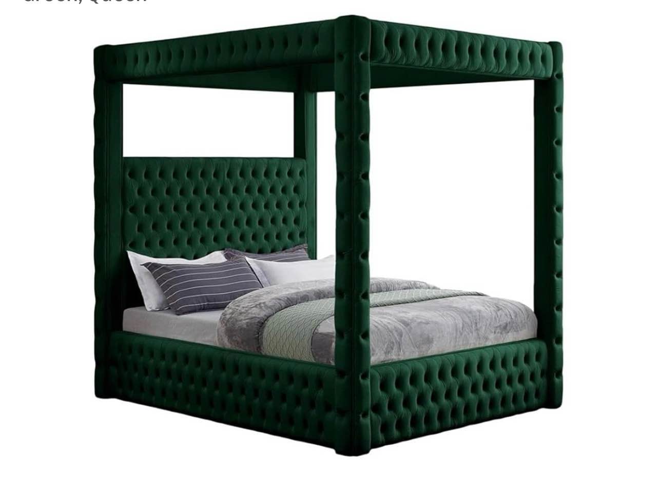 meridian furniture royalgreen-q royal collection modern | contemporary velvet upholstered queen bed with soft green velvet, deep elegant tufting, canopy, 70.5" w x 89" d x 87" h, green, queen(navy blue color 3/4 boxes only)