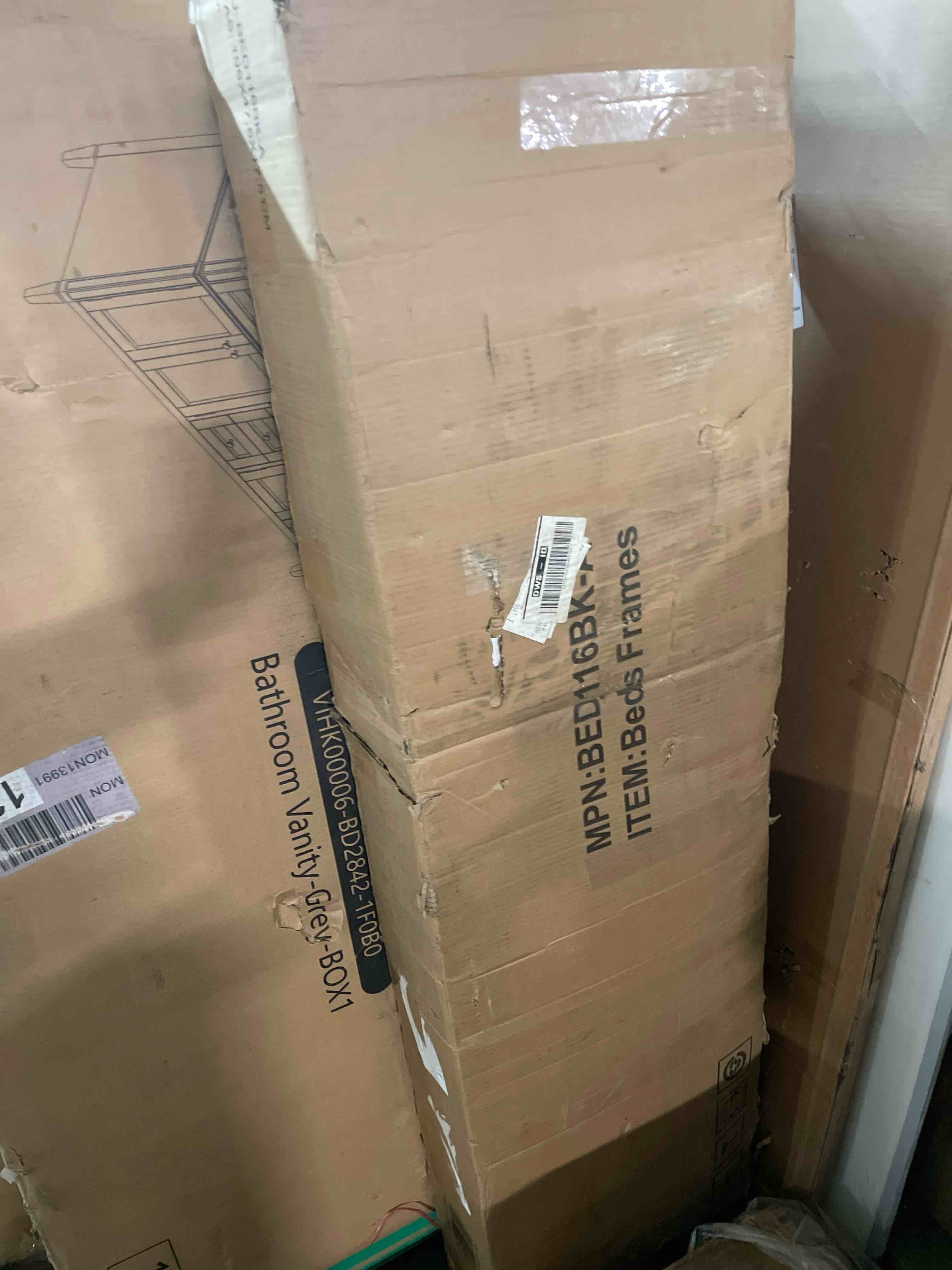 Condition photo showing As Is for allewie king size platform bed frame with velvet upholstered headboard and wooden slats support, fully upholstered mattress foundation/no box spring needed/easy assembly, black (incomplete)