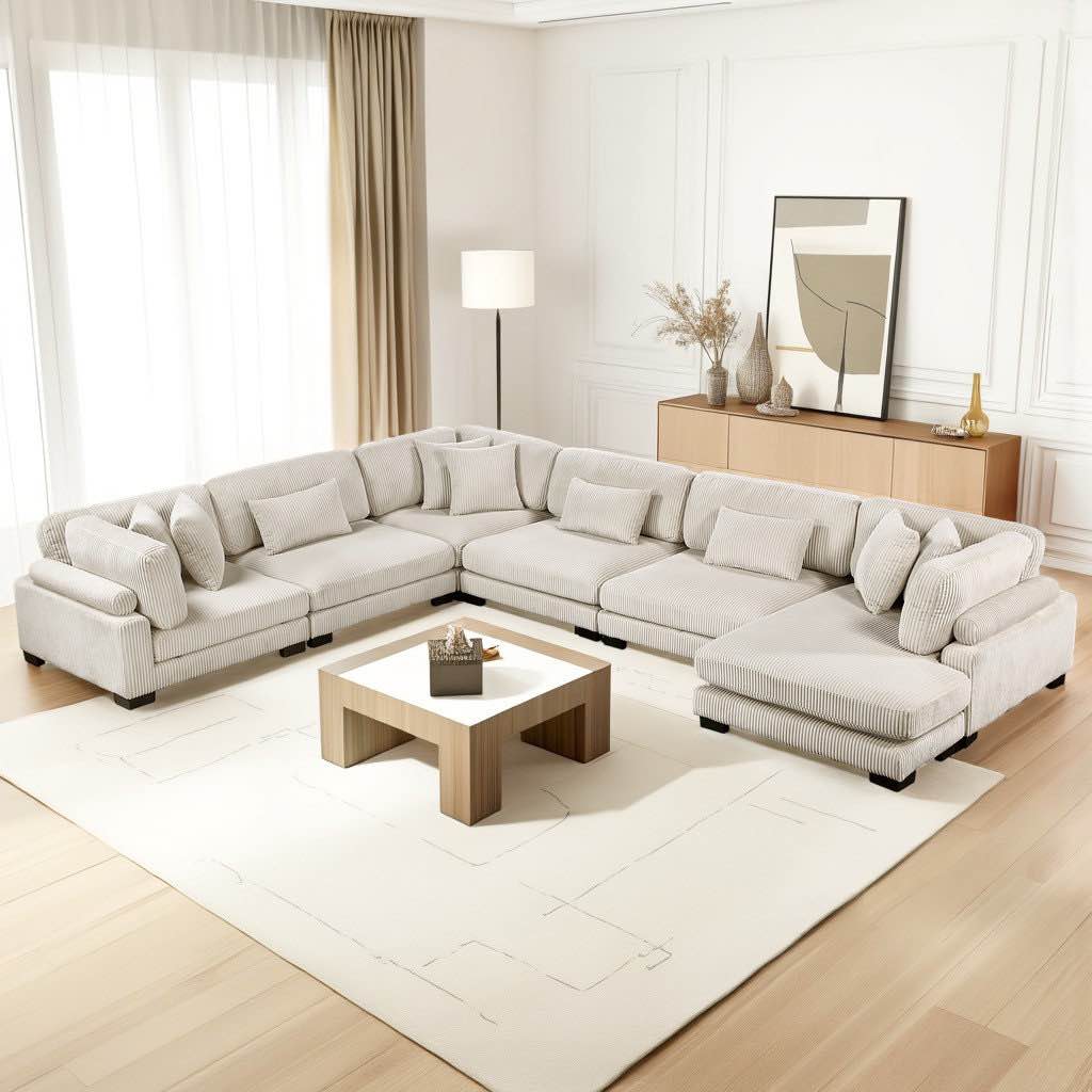 hulett 135" modern modular sectional with corduroy fabric, adjustable backrests & 9 pillows(incomplete boxes 1 and 2 of 3 only)