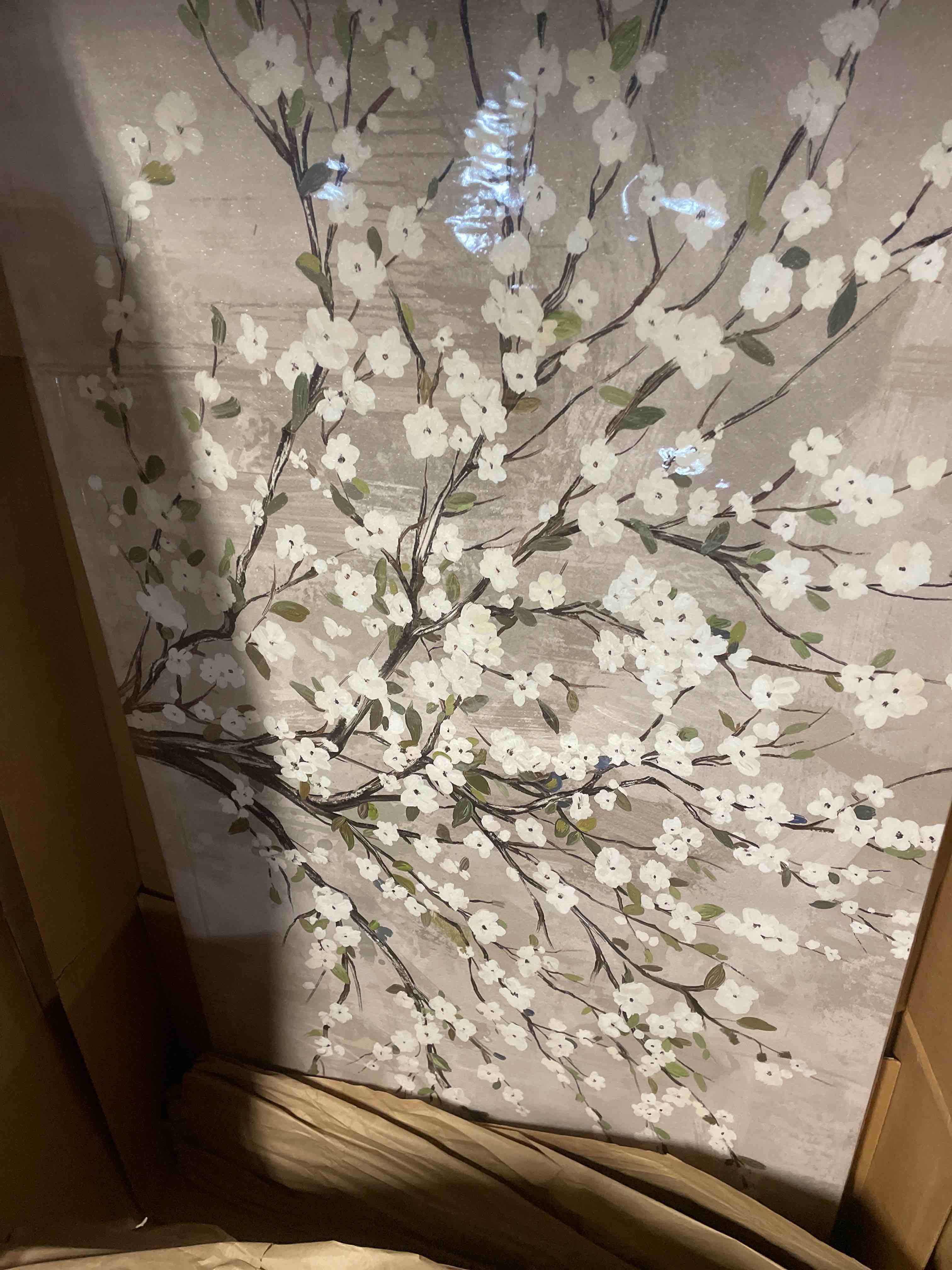 Condition photo showing New/Like New for tigeridge blooming flower tree canvas wall art - white blossoms green leaves pictures wall decor soft grey painting artwork elegant floral prints living room bedroom home decor ready to hang 58 x 29in white blooming flower tree wrapped canvas 58"l x 29"w