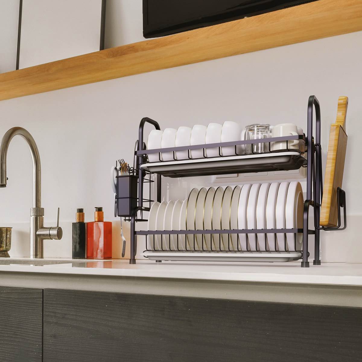 2-tier dish rack for kitchen, dish drying rack with drain board tray