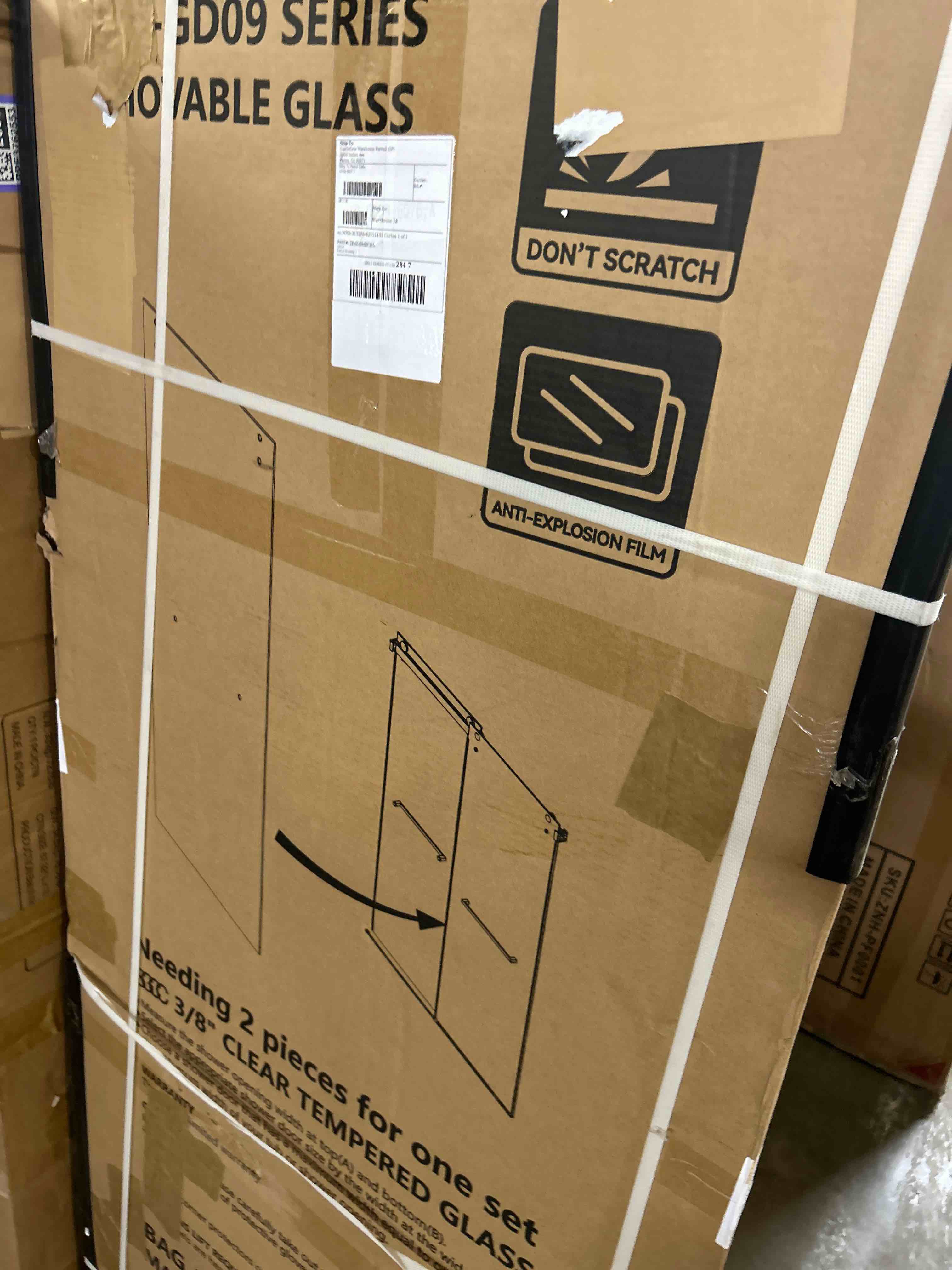 Condition photo showing As Is for 32" w x 78" h fixed frameless shower door glass shower screen panel in matte black finish with 3/8" (10mm) ultra-clear tempered glass, reversible installation(1 glass only)