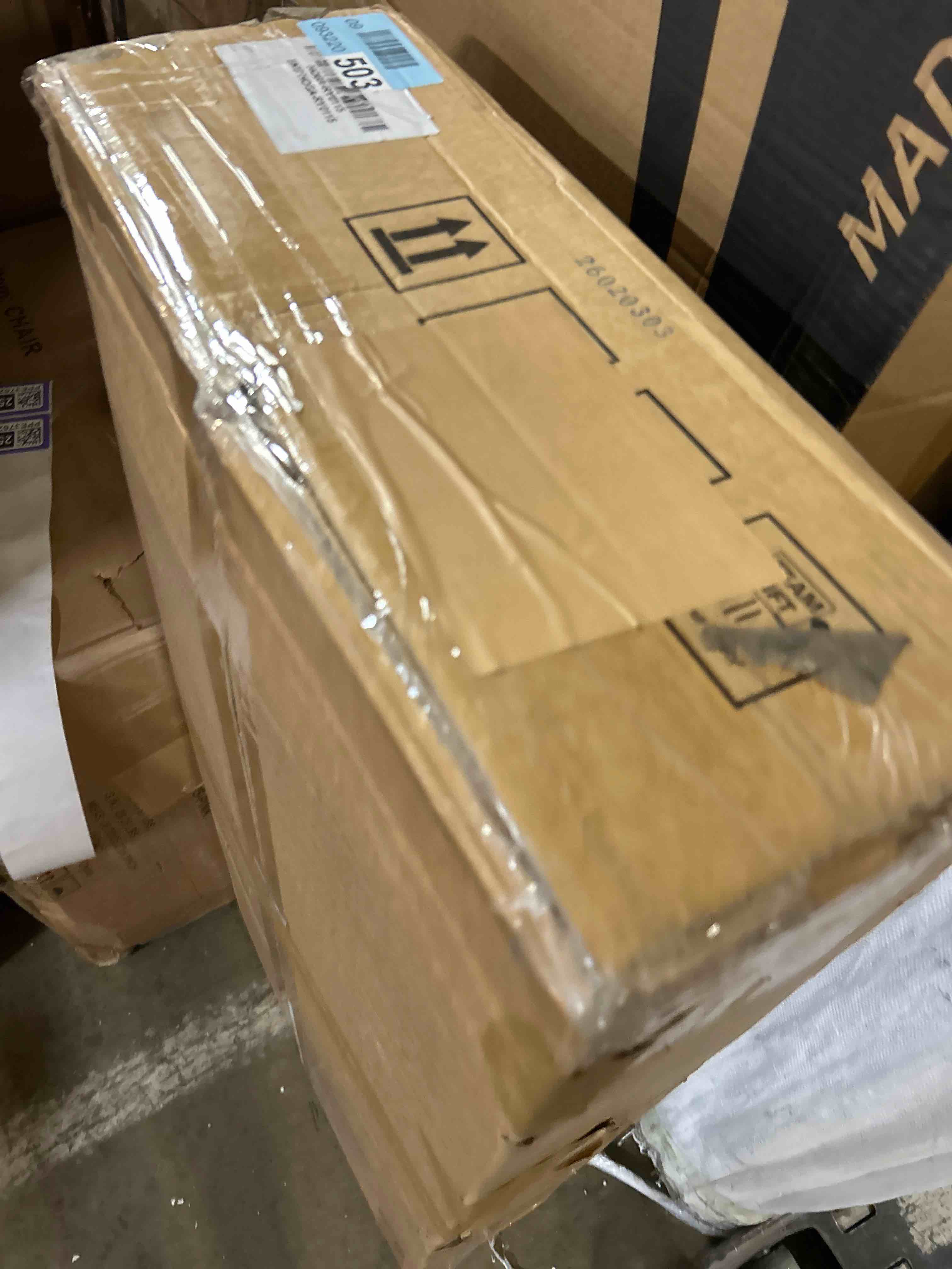 Condition photo showing As Is for l-shaped computer desk, reversible corner desk with drawer cabinet