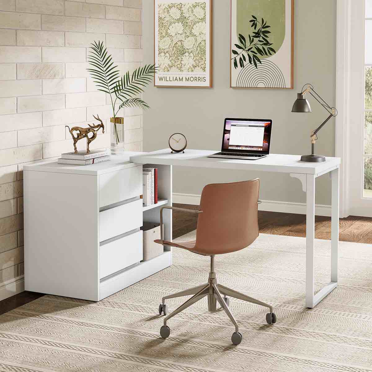 l-shaped computer desk, reversible corner desk with drawer cabinet