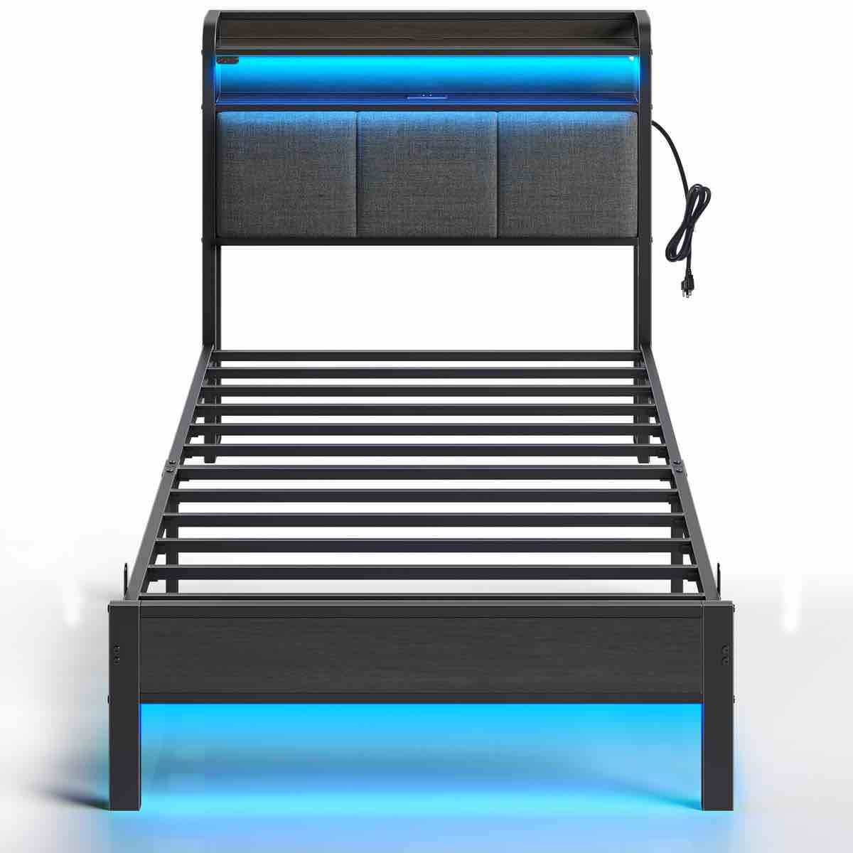 Rolanstar Bed Frame with Charging Station and LED Lights, Upholstered Headboard with Storage Shelves, Dark Grey(Twin size)