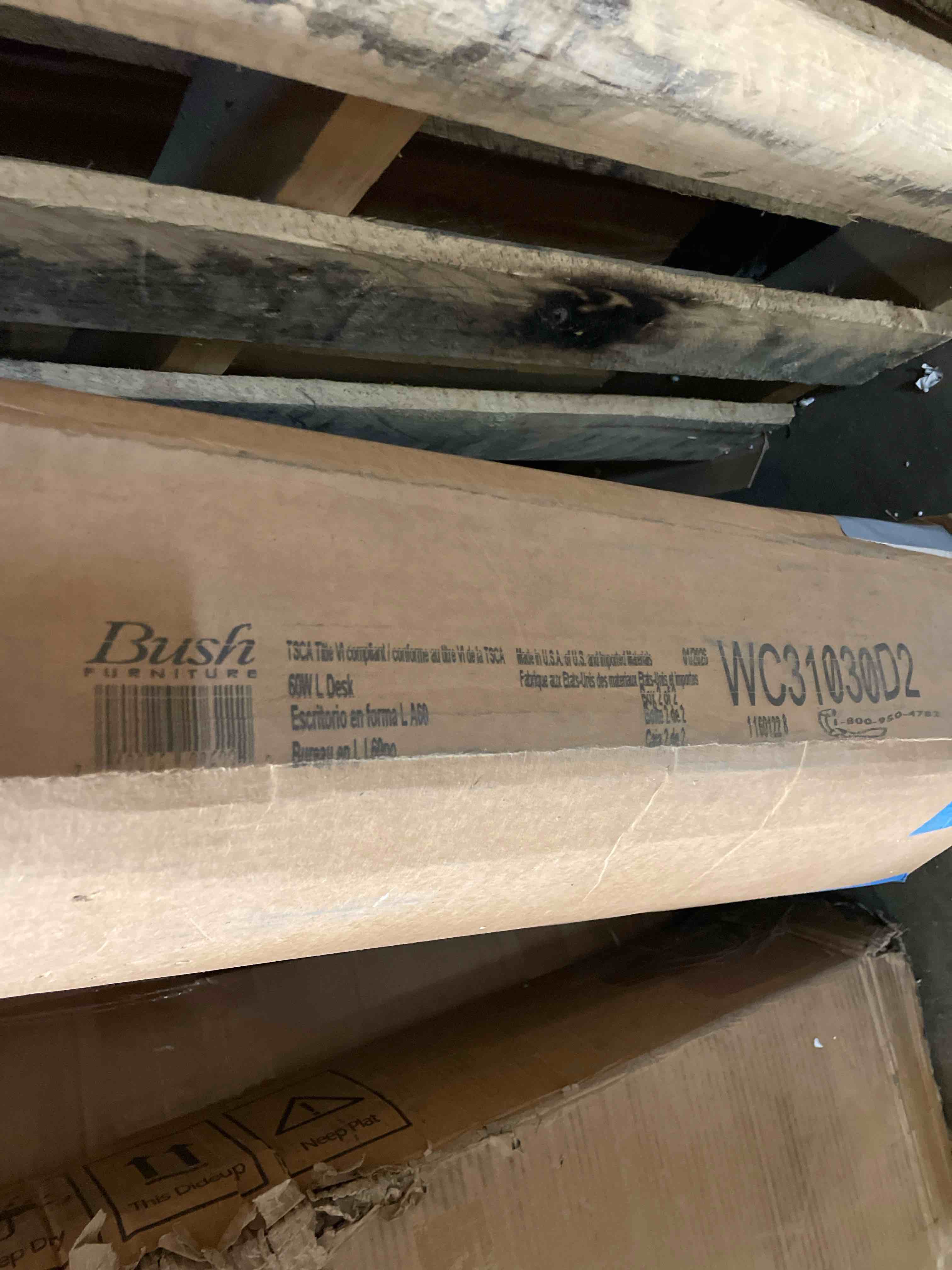 Condition photo showing As Is for bush home key west 60w modern farmhouse l shaped desk in cape cod gray, 60-inch corner computer table for home office workspace