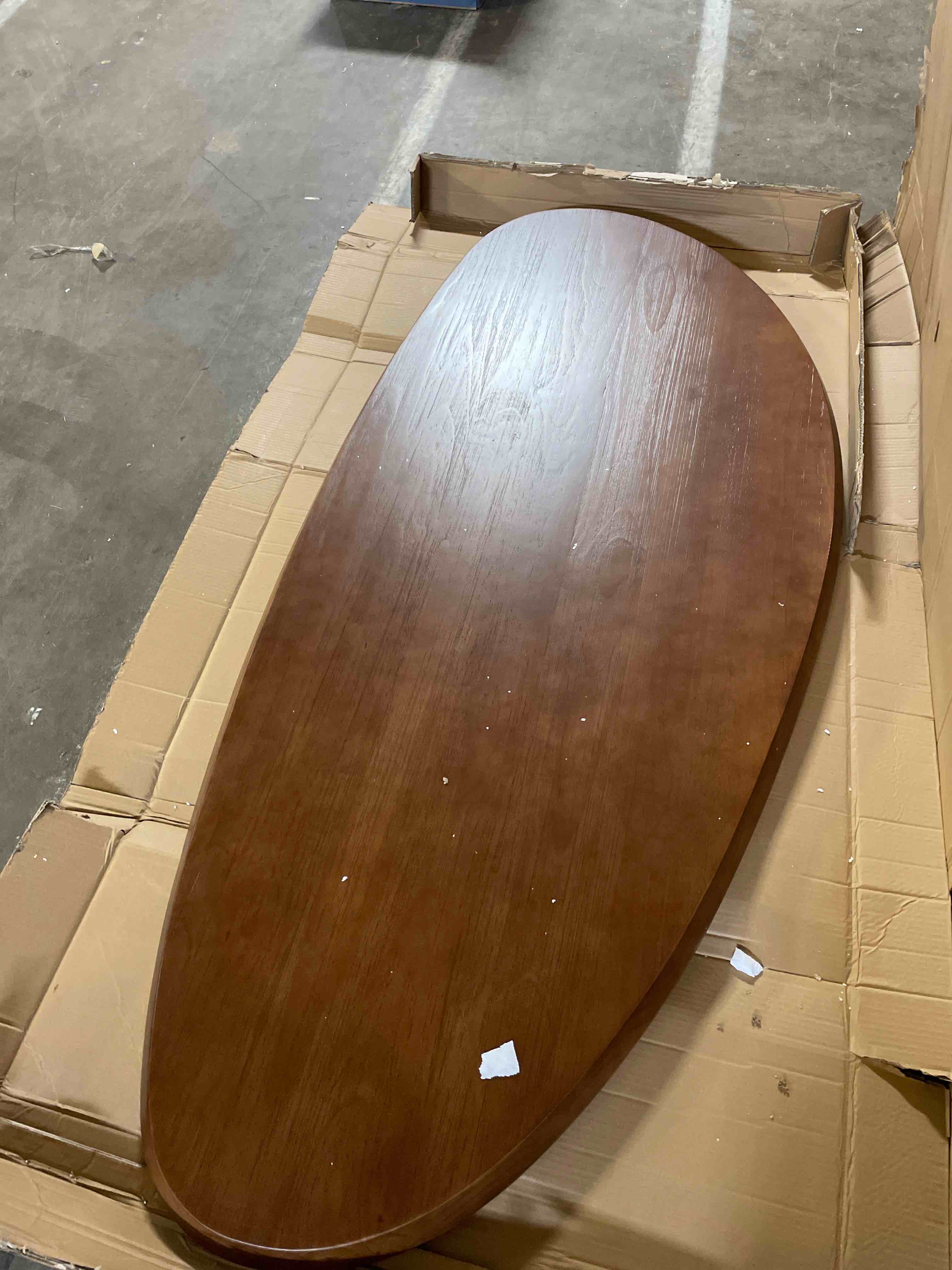 Condition photo showing As Is for solid wood triangle coffee table,unique mid century modern oval coffee table,irregular geometric tea tables for home living room with wooden tabletop and reinforced legs walnut 35" l x 24" w x 16" h (only table top) 