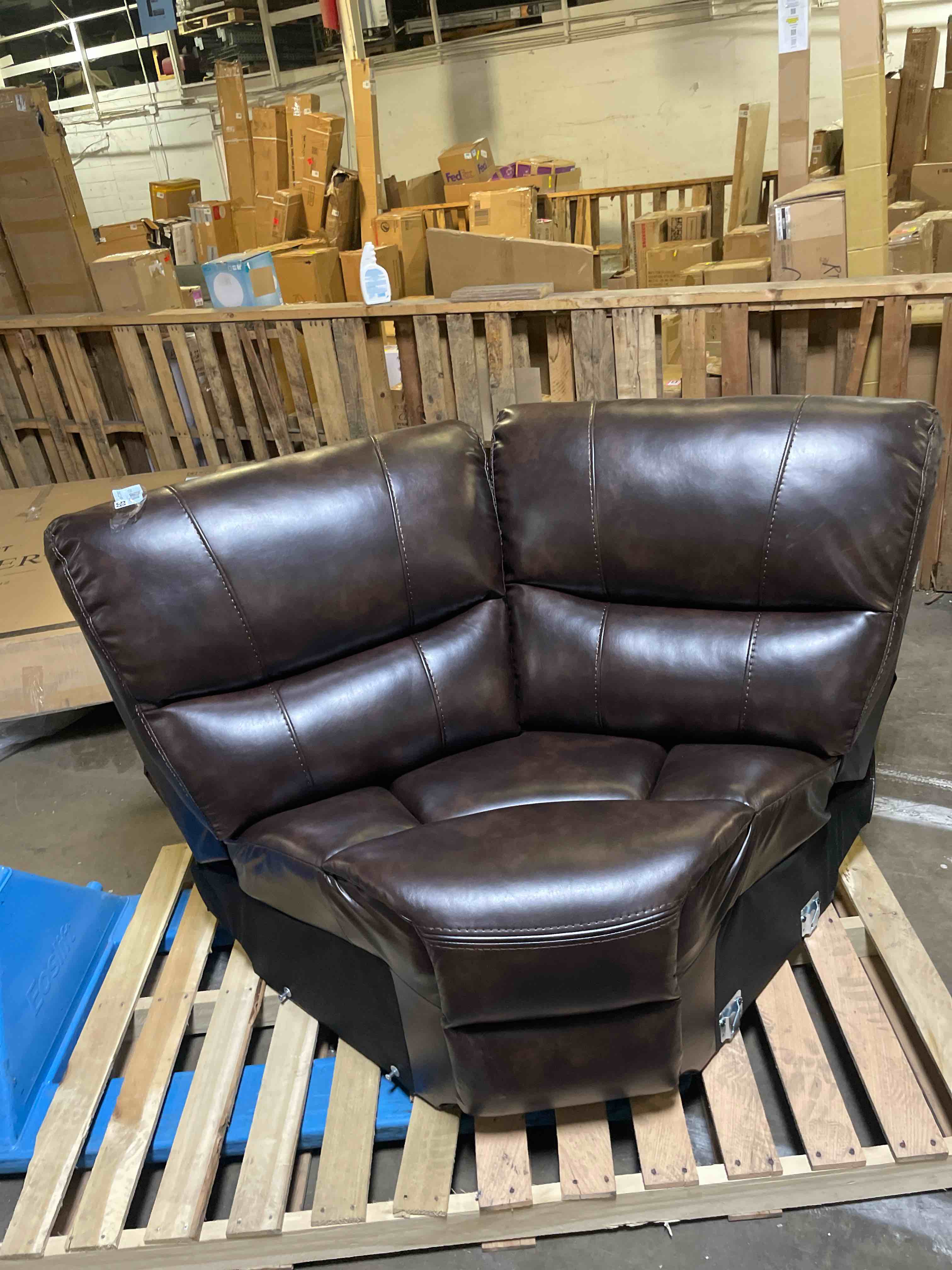 Condition photo showing New/Like New for corner wedge chair, faux synthetic leather couch living room single seat sofa for home, office and apartment (brown)