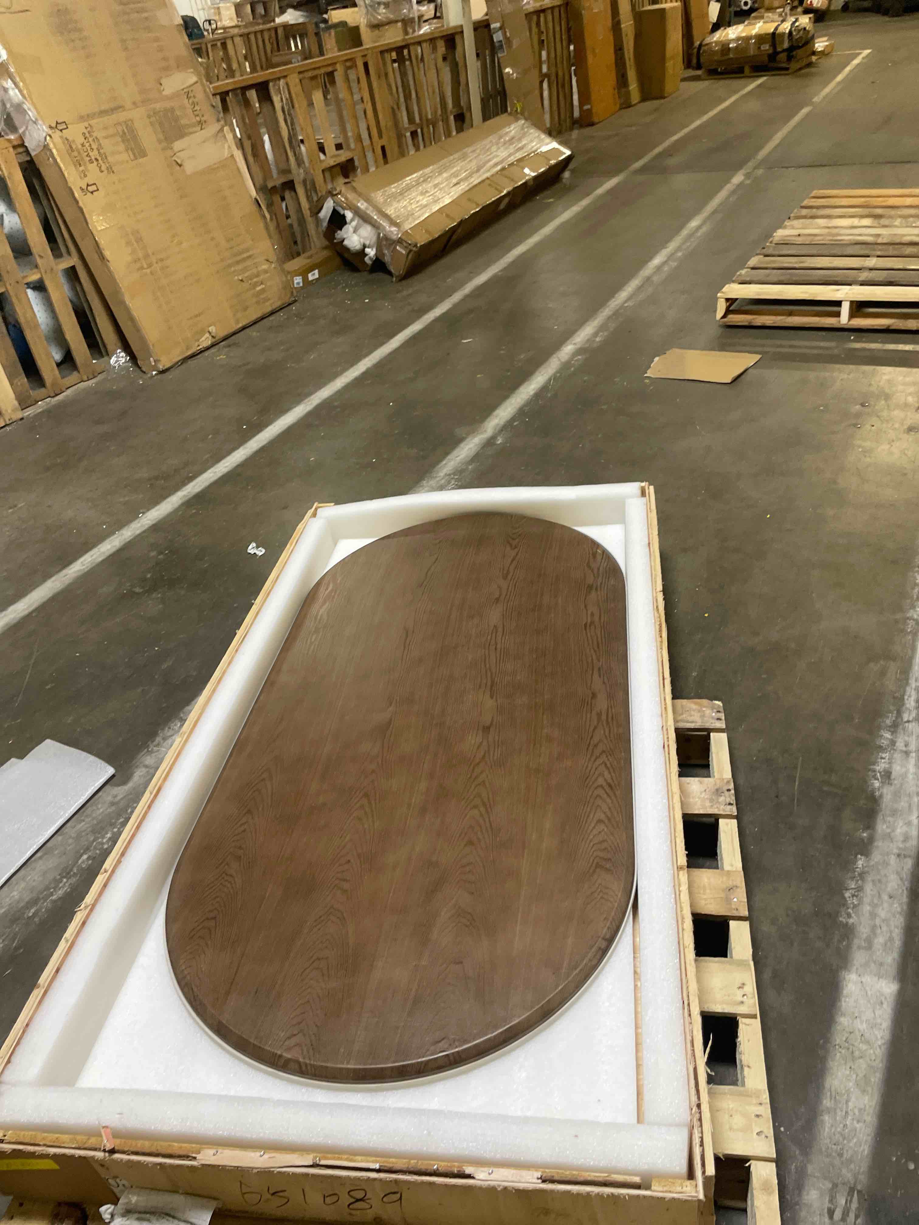 Condition photo showing As Is for living room table walnut wood grain oval coffee table, modern minimalist design for living room, luxury home furniture outdoor side table(table top only) 