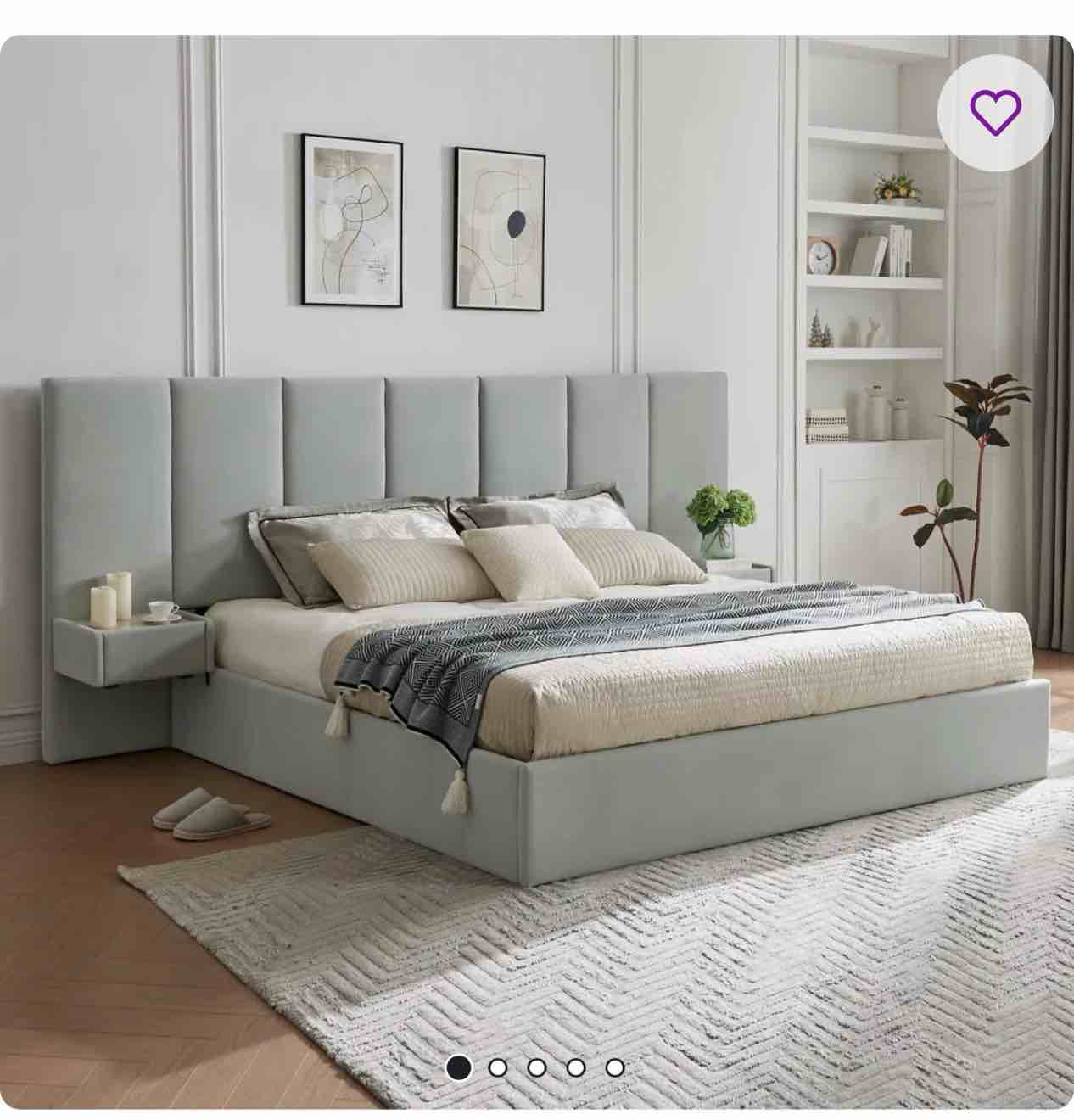 upholstered lift storage bed frame with hotel-style headboard, quo  