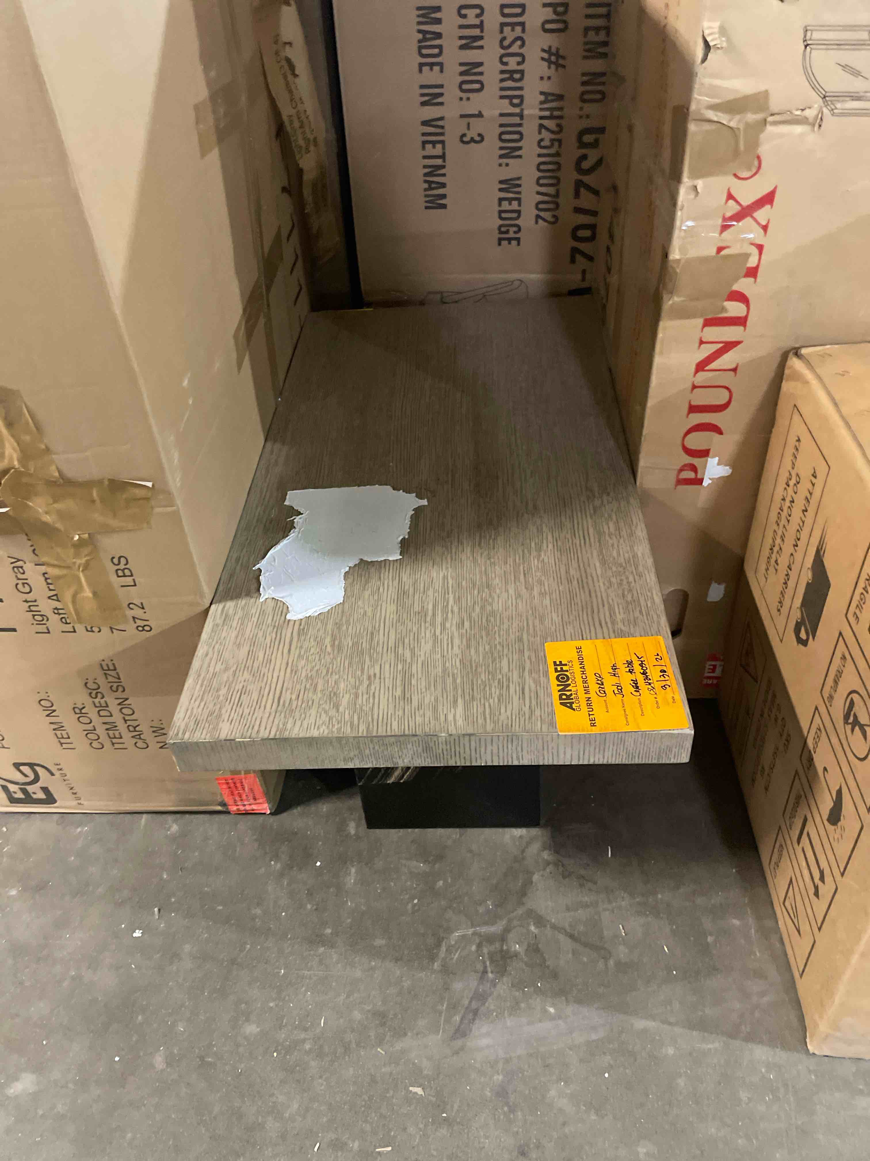 Condition photo showing As Is for foluban modern coffee table, rustic wood and metal center table, retro small cocktail tea table for living room, light grey, 44 inch light grey 44 inch (damaged) 