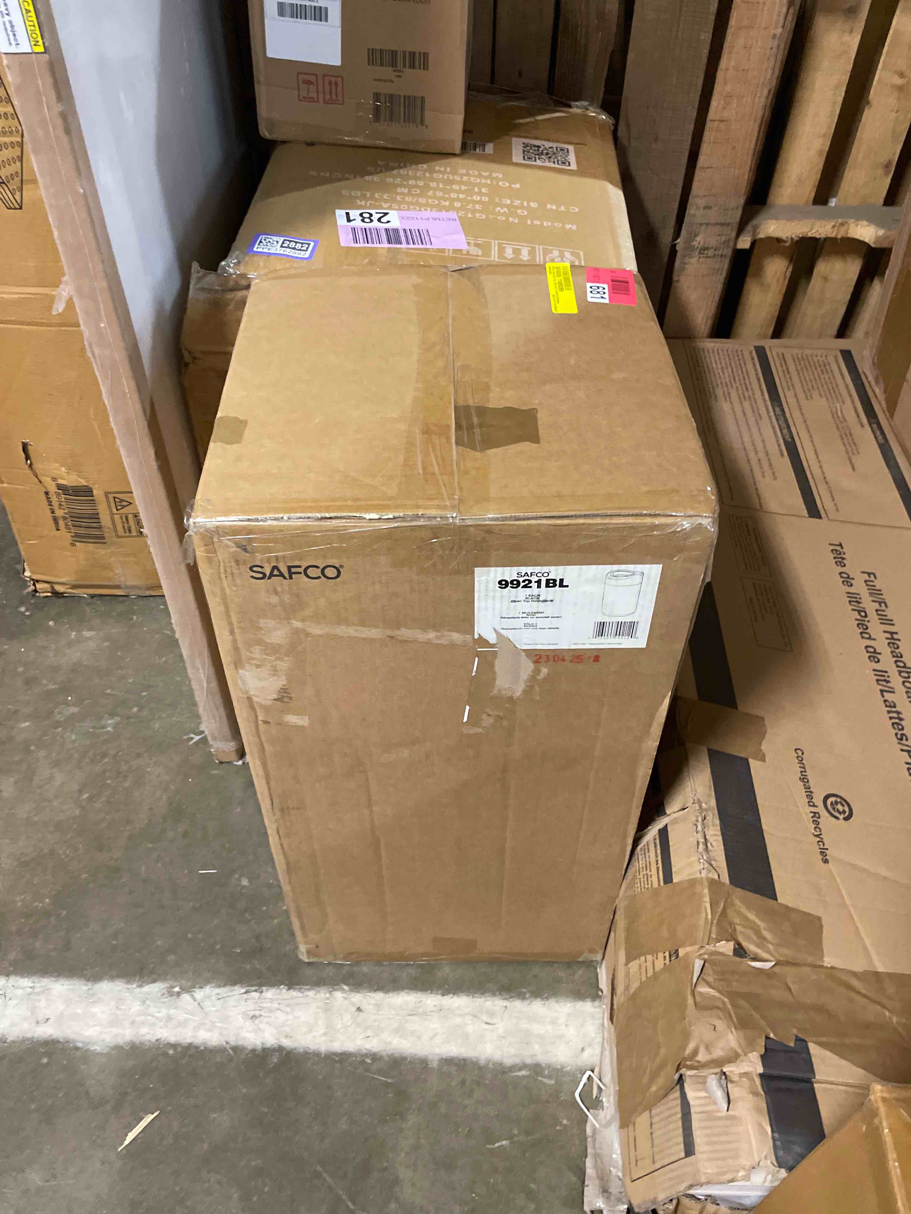 Condition photo showing New/Like New for safco products open top trash can, receptacle with liner 9921bl; black; 14 gallon capacity; hands-free disposal; modern styling black finish black 14 gallon