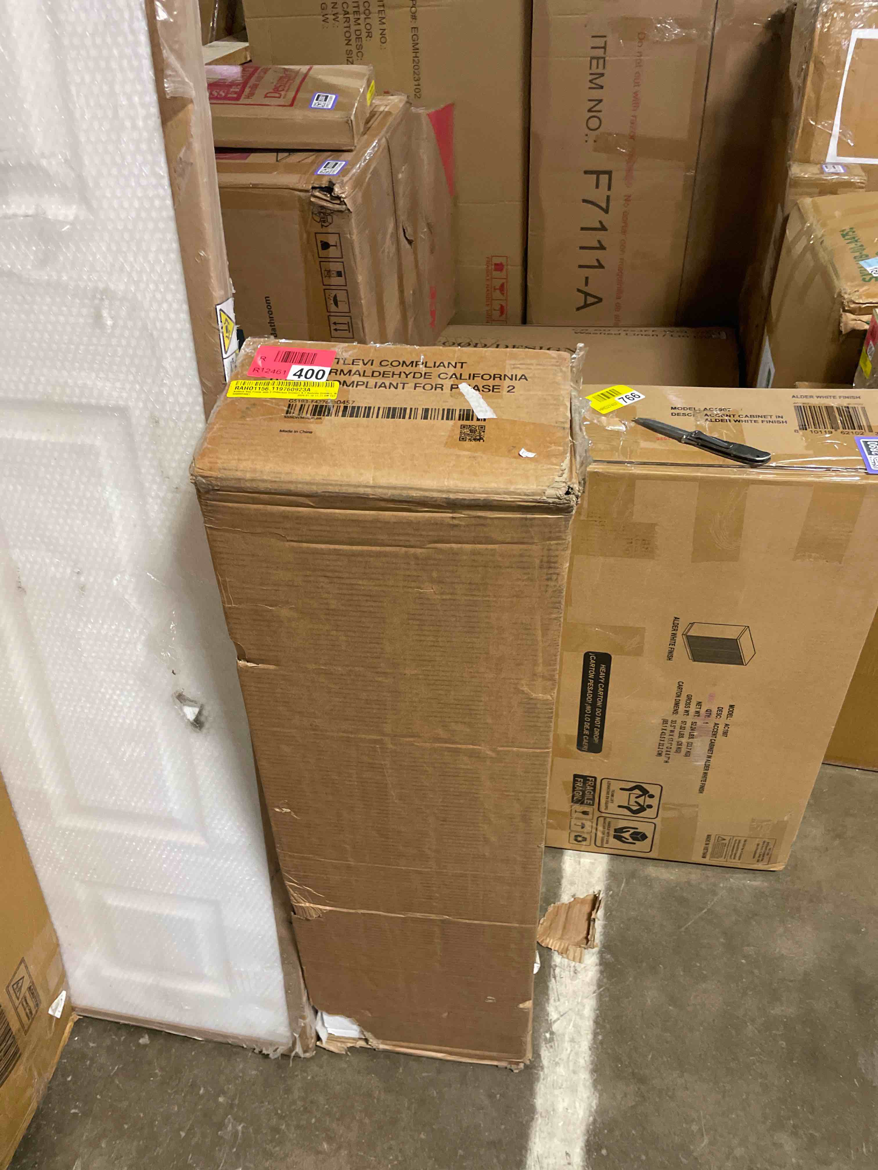 Condition photo showing As Is for antioch queen bed frame with 2 underbed drawers, modern platform bed with charging station & led light, storage headboard with 2 bedside drawers & open bookcase shelves, rustic brown (incomplete)