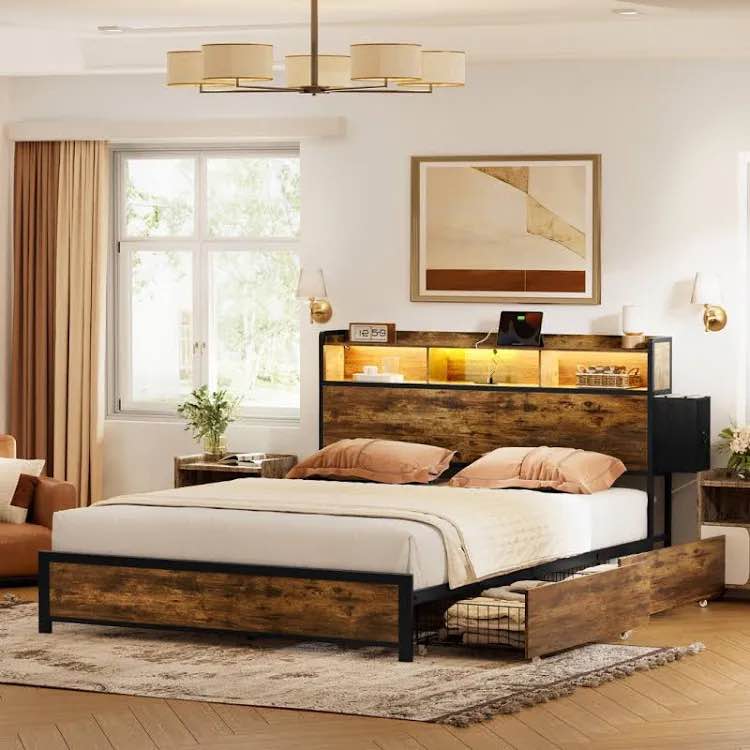 antioch queen bed frame with 2 underbed drawers, modern platform bed with charging station & led light, storage headboard with 2 bedside drawers & open bookcase shelves, rustic brown (incomplete)