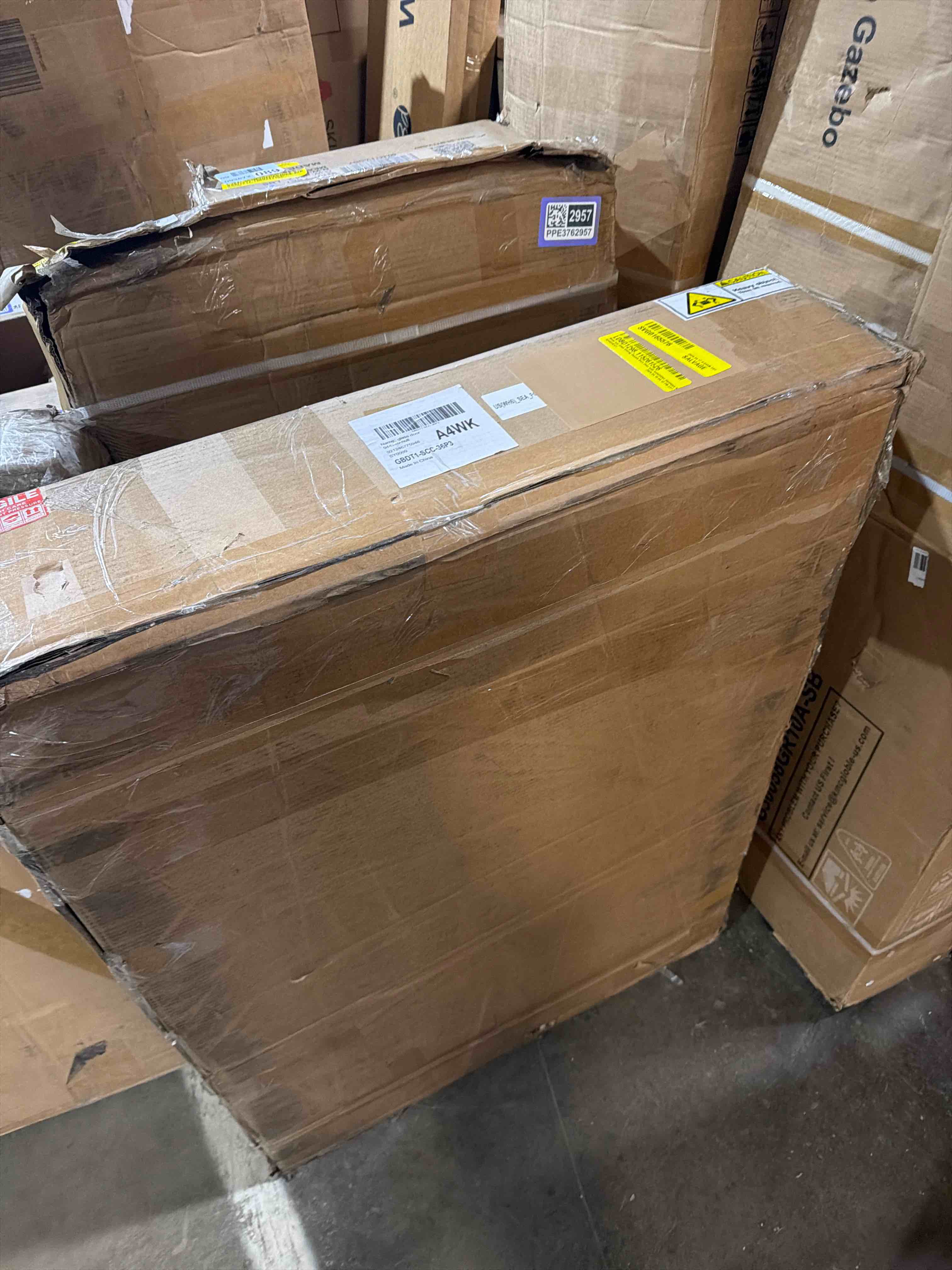 Condition photo showing As Is for metal and glass sliding double barn doors with installation hardware kit ( soft-close included) smartstandard size: 56" x 84" glass