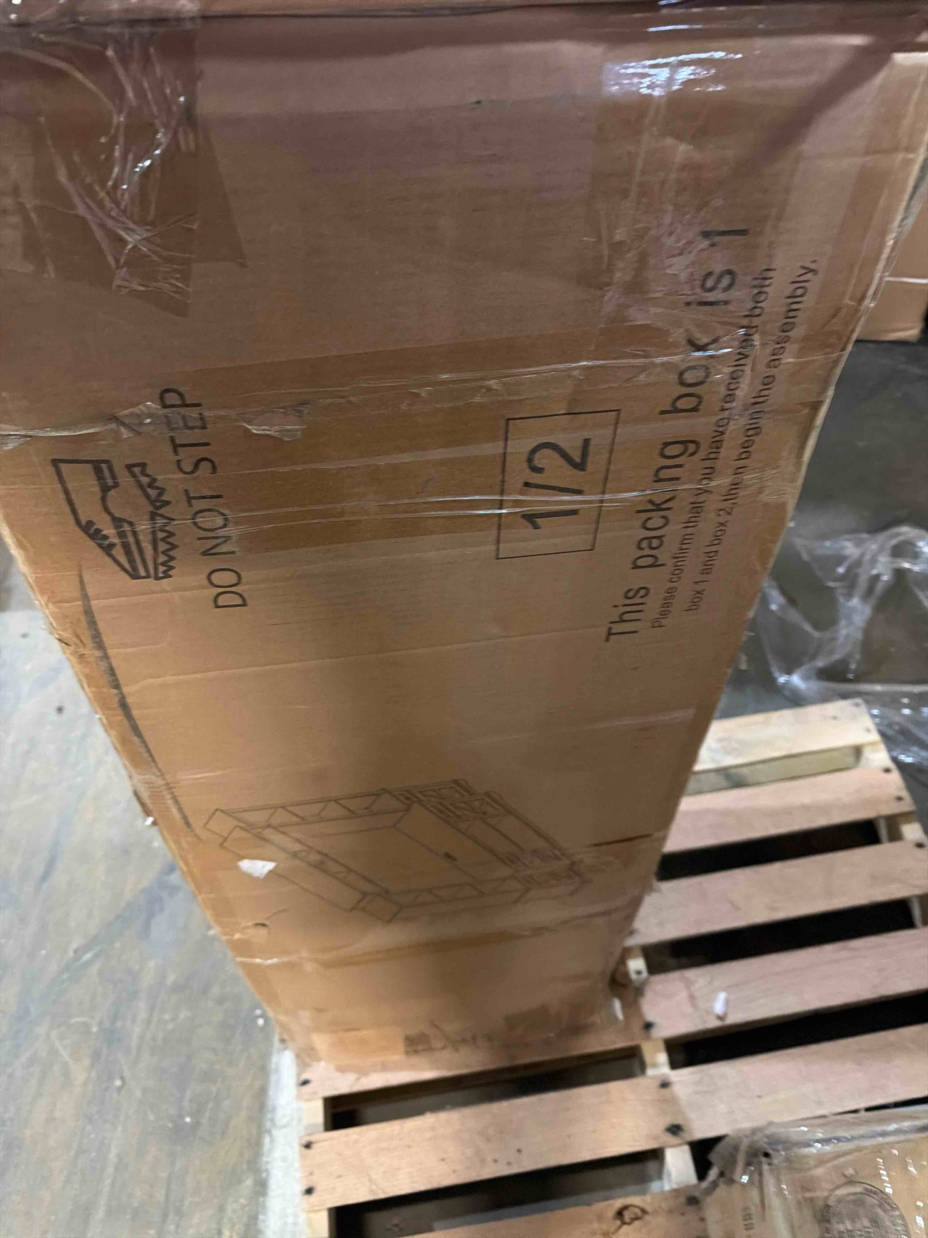 Condition photo showing As Is for farmhouse 98" wall unit tv stand, white, box 1