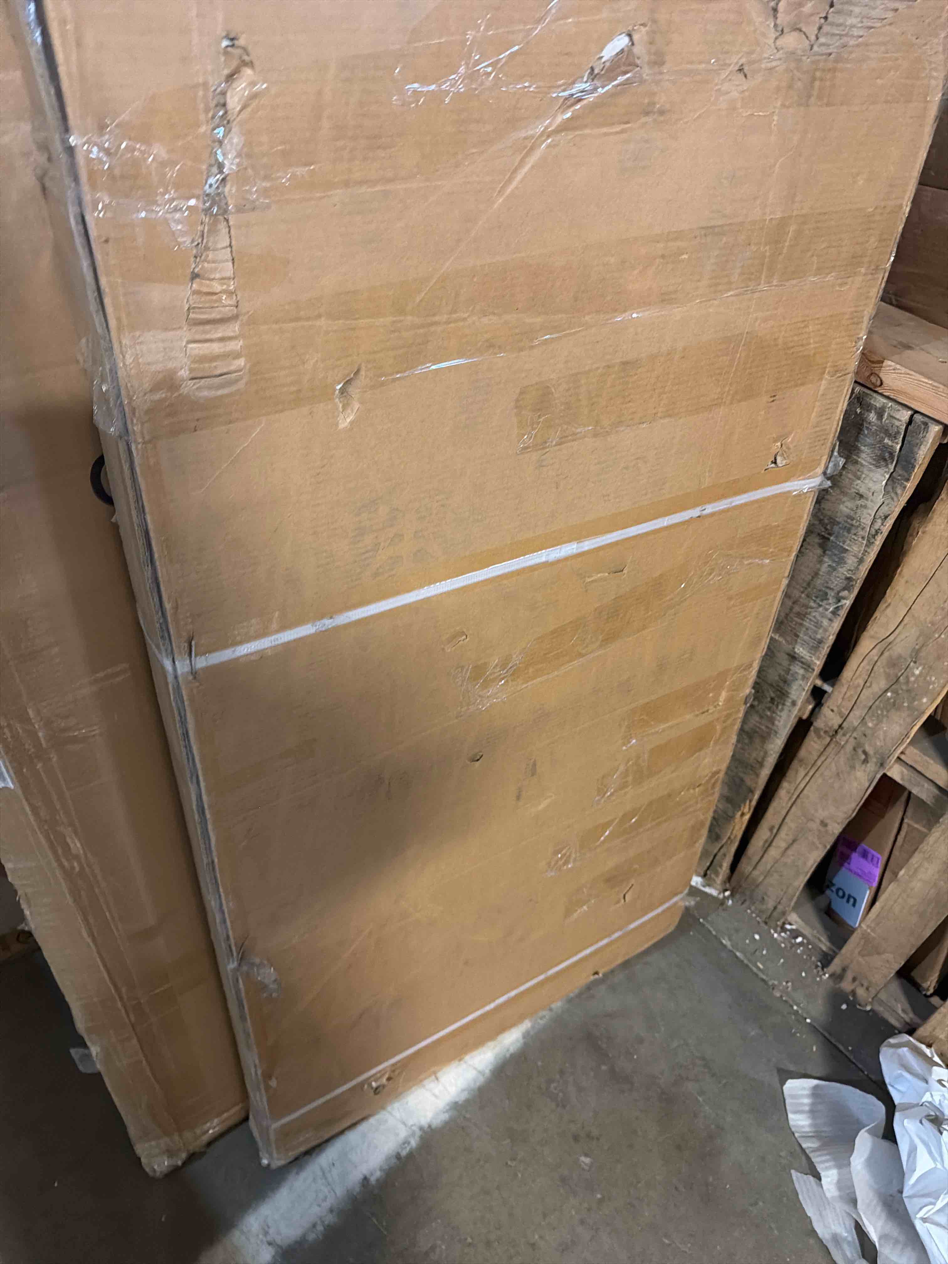 Condition photo showing New/Like New for frosted glass and solid manufactured wood sliding closet doors with