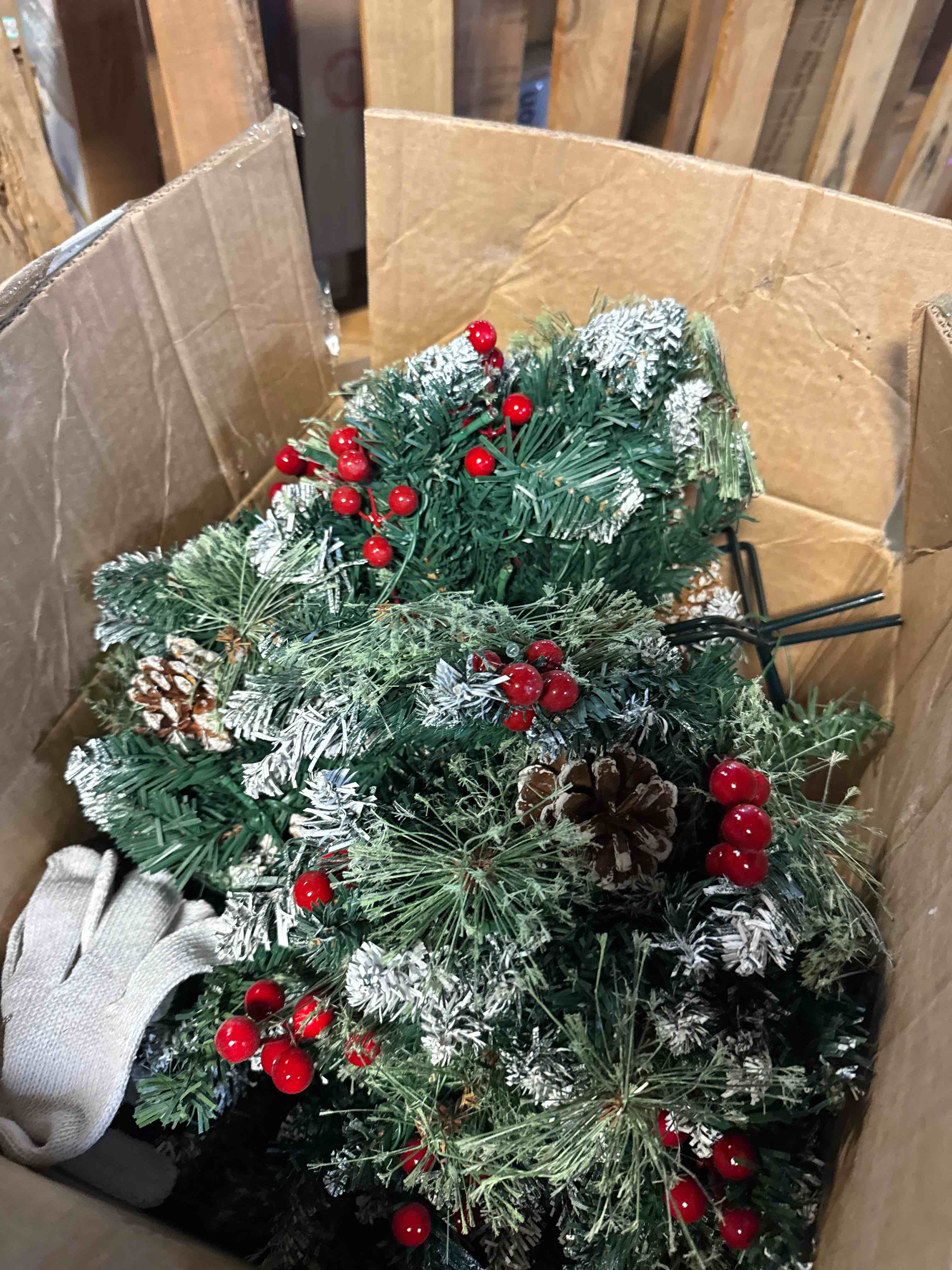 Condition photo showing New/Like New for prelit artificial christmas tree, battery operated urn filler with multi-color lights, 24" holiday planter filler with cones & red berries, christmas decor for porch pathway garden yard, 2pack 24 inches