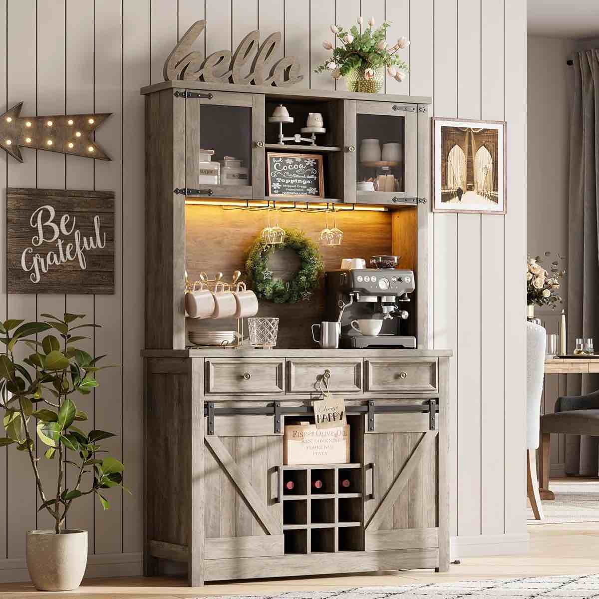 Farmhouse 72'' Coffee Bar Cabinet with LED Light and Power Outlet, Large Kitchen Hutch with 3 Drawers and Wine Glass Rack, Sliding Barn Door Tall Wine Cabinet for Home Bar By Gracie Oaks