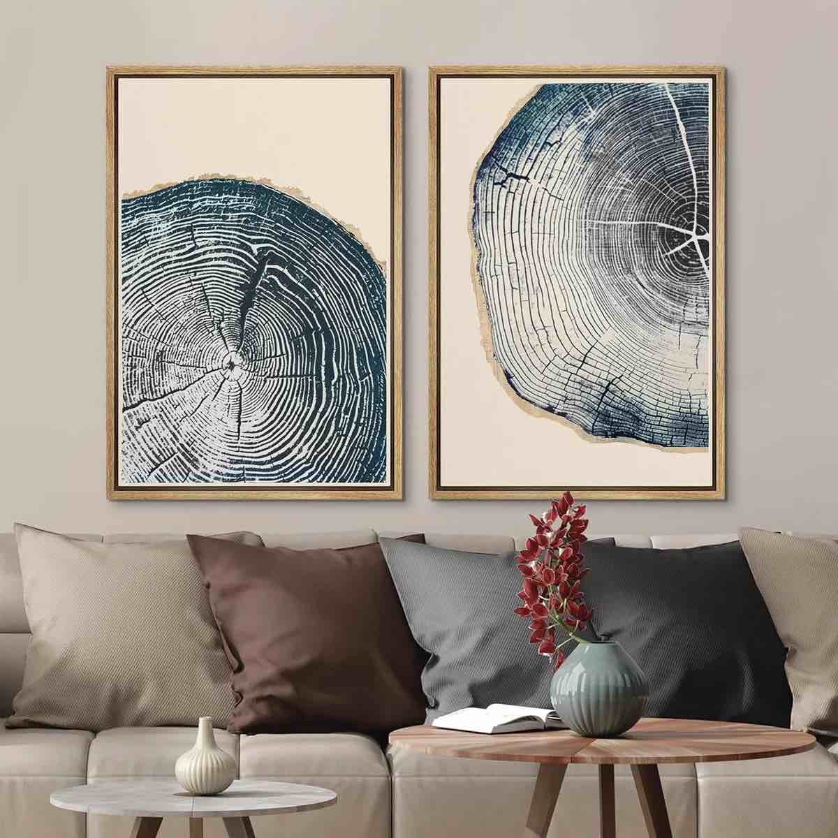 Navy Blue Wood Tree Ring Simple Minimalist Modern Artwork Framed Canvas 2 Pieces Print Wall Art By IDEA4WALL