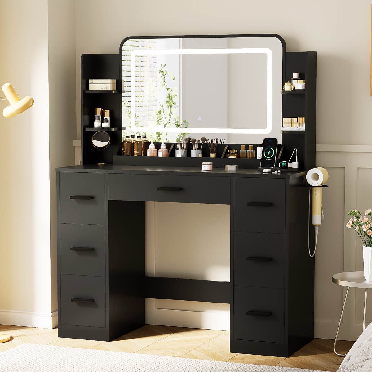 Makeup Vanity Desk with LED Mirror, Modern Vanity Table Set with Storage & Power Outlet for Bedroom & Dressing Room