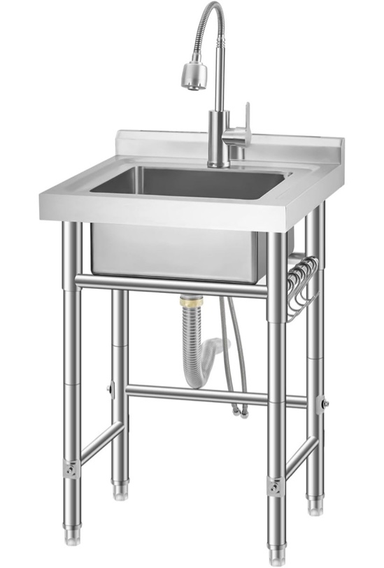 Stainless Steel Utility Sink, Free Standing Single Bowl Kitchen Sink, Adjustable Leg Height, with Faucet, Hot and Cold Water Pipes, Commercial Laundry Tub, Hook for Indoor Outdoor Farmhouse Use PTH_335FV5LC_36763_HMC1