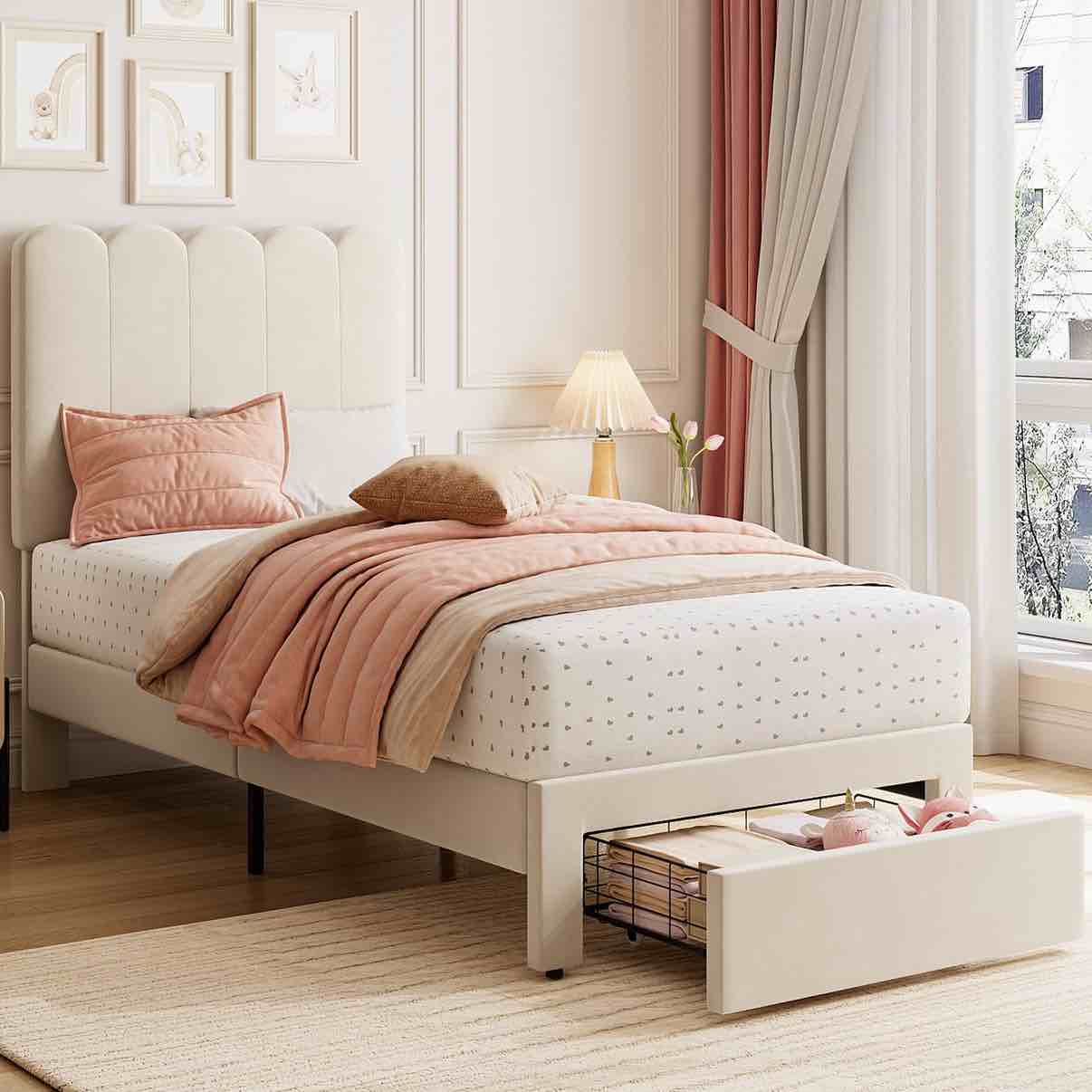 Garvee Twin Bed Frame With Under-bed Drawer, White velvet Upholstered Platform Bed with Wave Headboard