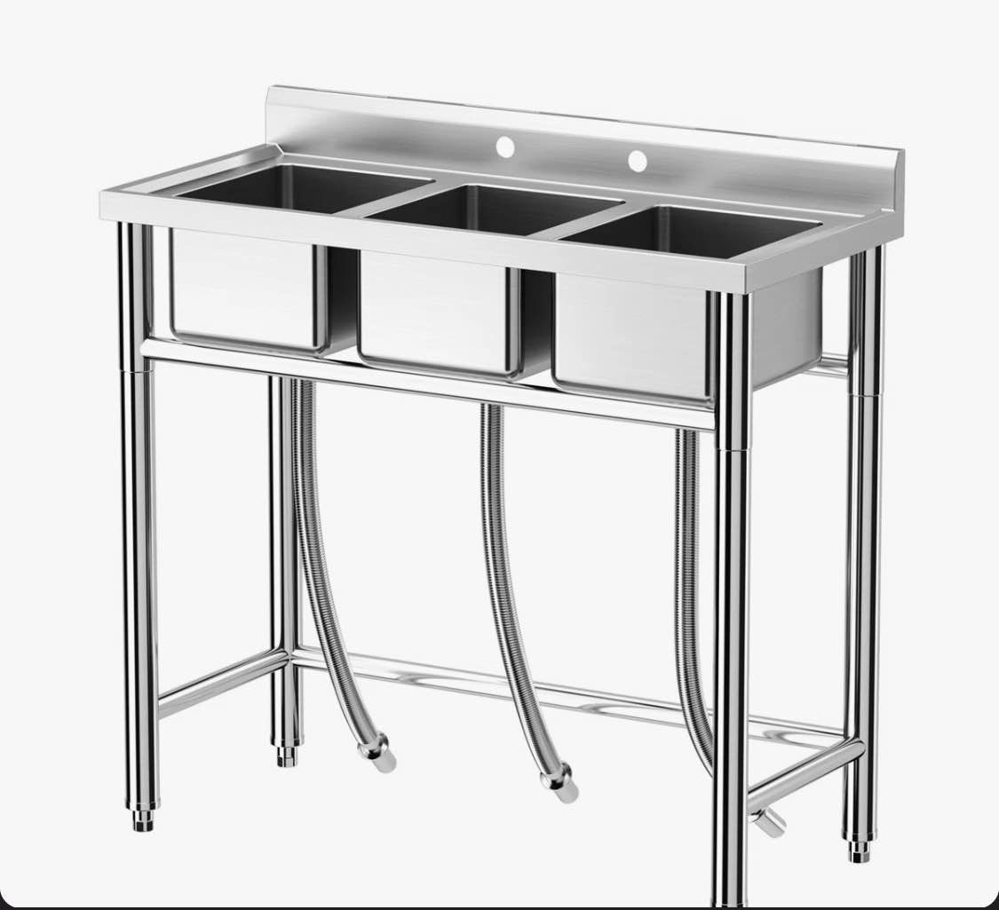 3-Compartment Stainless Steel Utility Sink, NSF Certified Commercial Kitchen Sink with Backsplash, Freestanding Triple Bowl Sink SUN_PHO_12KHCJH4