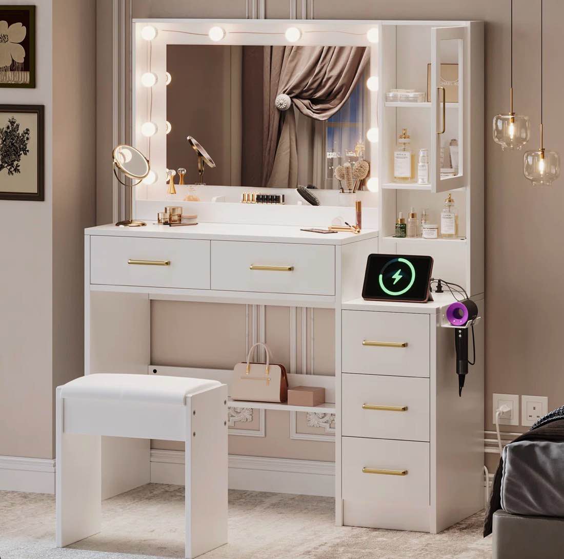 Makeup Vanity Desk With Lighted Mirror, Electrical Outlets, 5 Drawers And A Cabinet