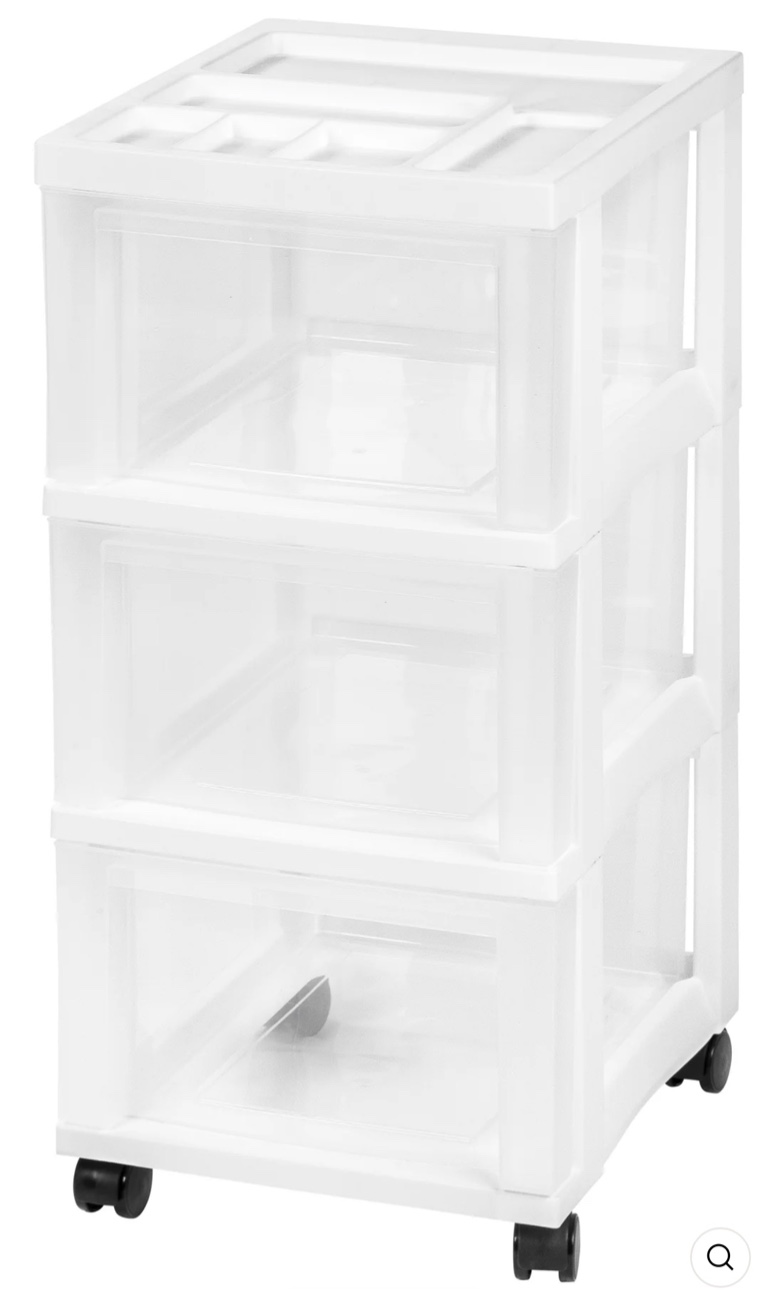 3 Drawer Plastic Storage Drawer Cart, White/Natural Clear