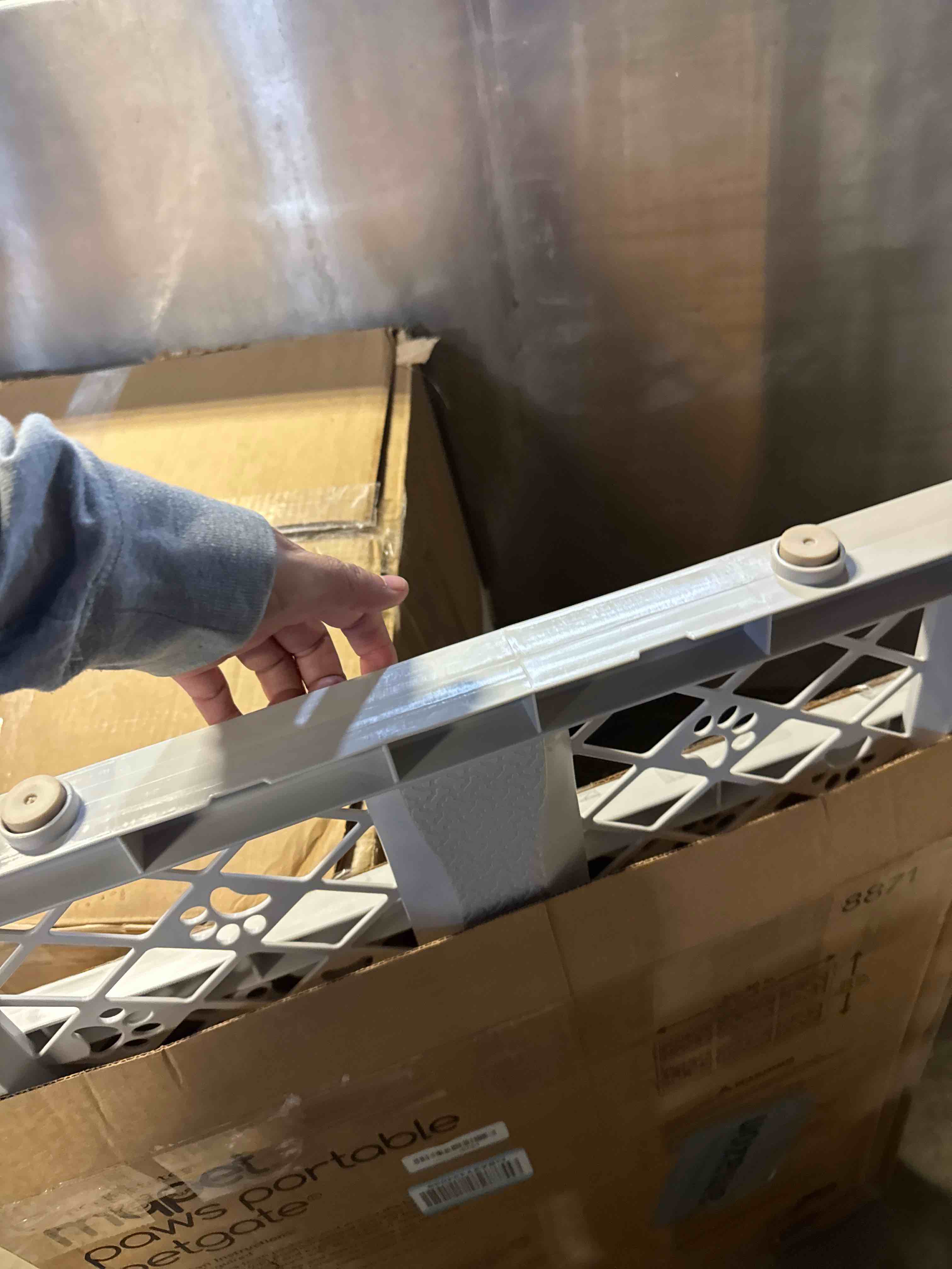 Condition photo showing New/Like New for MYPET North States Paws Portable Pet Gate: 26-40" Wide. Pressure Mount. No tools needed. Made in USA. Dog Gate 23" Tall, Expandable, Durable Dog Gates for Doorways, Light Gray